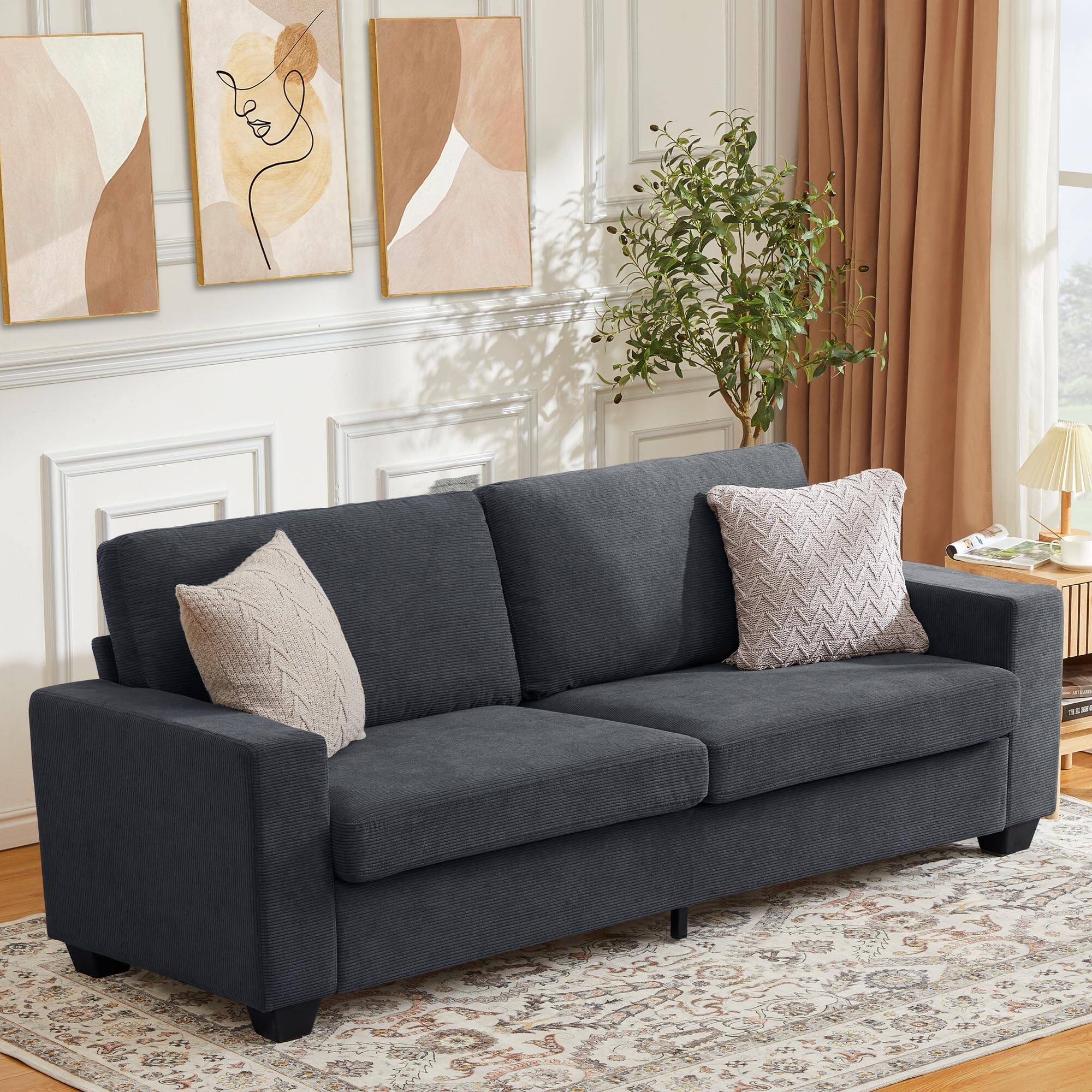 Front. Babevy - 83" Modern Corduroy 3-Seater Sofa, Deep Seat Couch with Wide Armrests & Removable Washable Cushions - Gray.