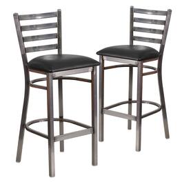 Emma + Oliver - 2 Pack Clear Coated Ladder Back Metal Restaurant Barstool - Black Vinyl Seat/Clear Coated Metal Frame
