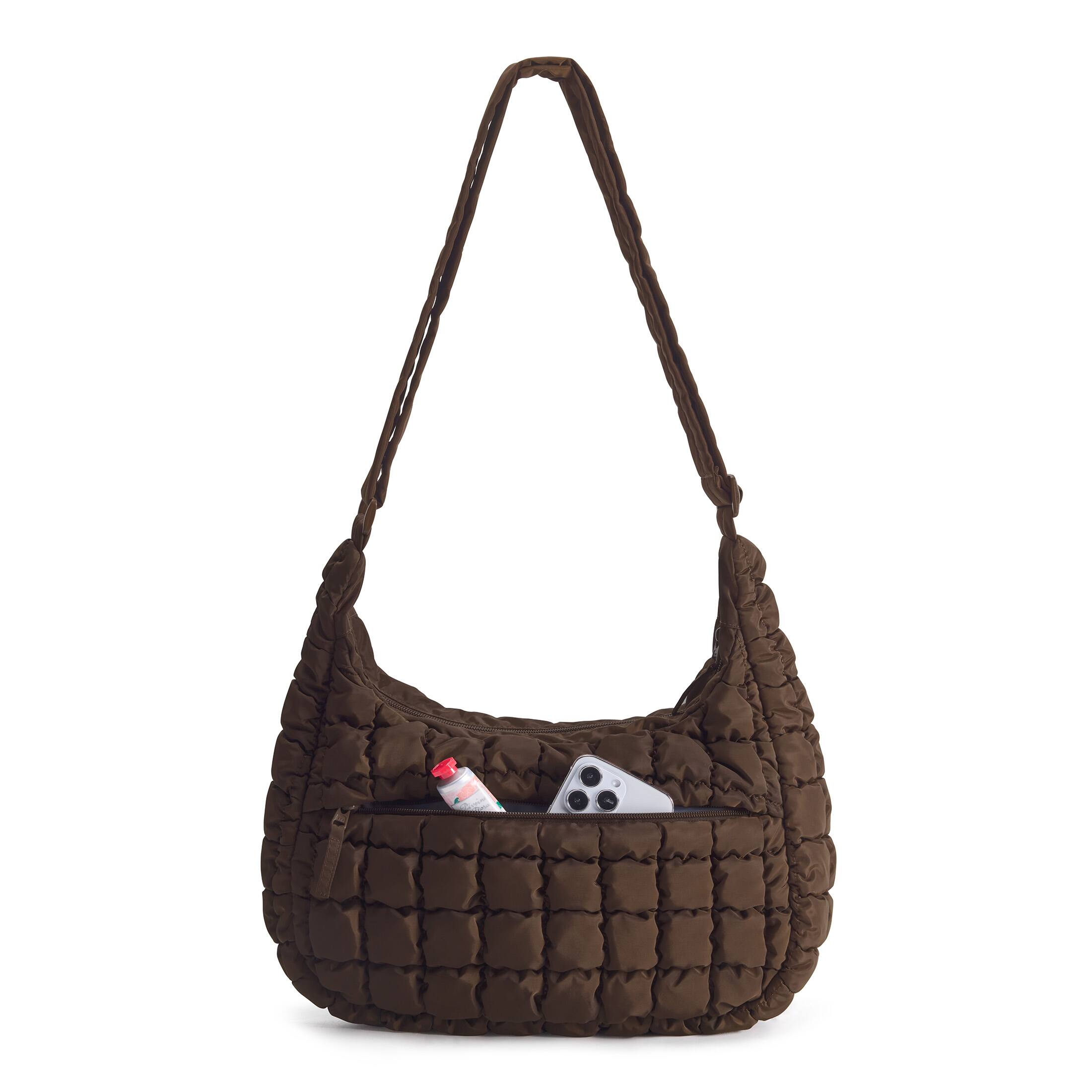 Back. Bagsmart - Oversized Quilted Puffer Hobo Bag, Lightweight Crossbody with Adjustable Strap for Travel & Daily Use - Brown.