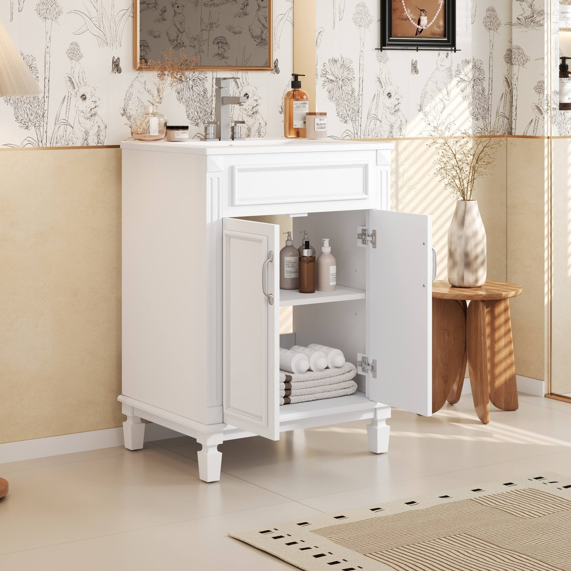 Front. ELEMENT ACE - Modern Bathroom Vanity with Ceramic Sink and Soft-Closing Doors, Solid Wood Frame Storage Cabinet - White.