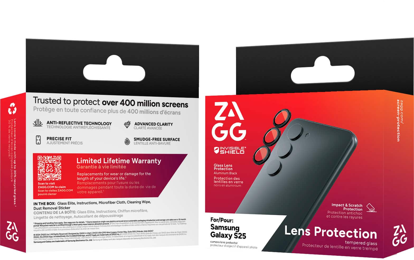 The image features two boxes of ZAGG glass protection for cell phones. The boxes contain a Glass Elite, Instructions, Microfiber Cloth, Cleaning Wipe, and Dust Removal Sticker. The boxes are designed to protect the cell phone screens from scratches and other damages. The ZAGG glass protection is trusted to protect over 400 million screens, and it offers advanced clarity technology and anti-reflective technology for enhanced visibility. The limited lifetime warranty ensures that customers can replace their glass protection for wear or damage for the length of their device's life.