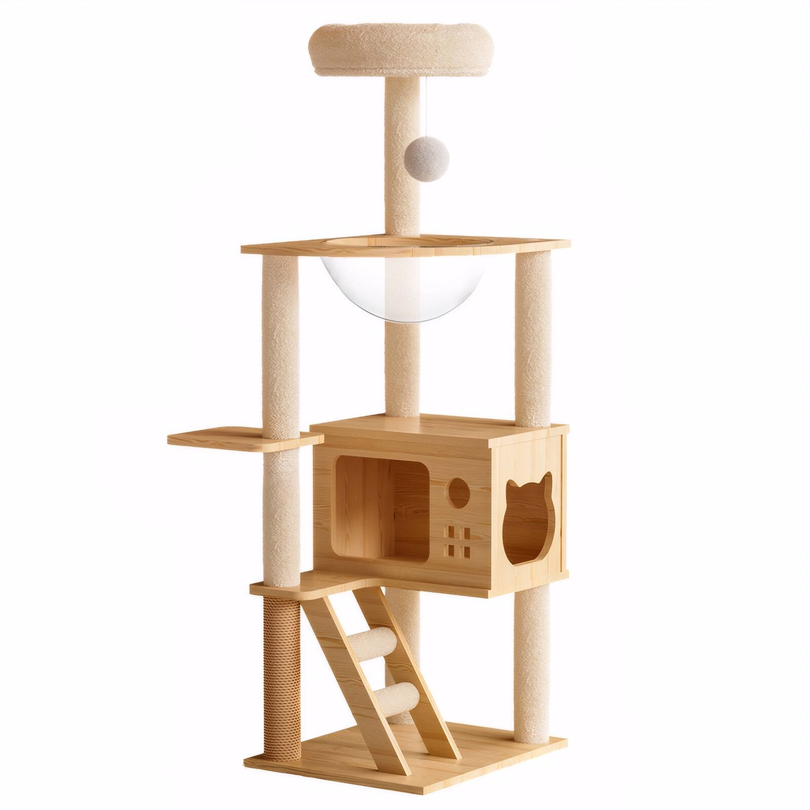 Alt View 4. Siljoy - 48.8" Modern Wood Cat Tree Tower with Sisal Scratching Posts, Acrylic Hammock & Top Perch for Indoor Cats.