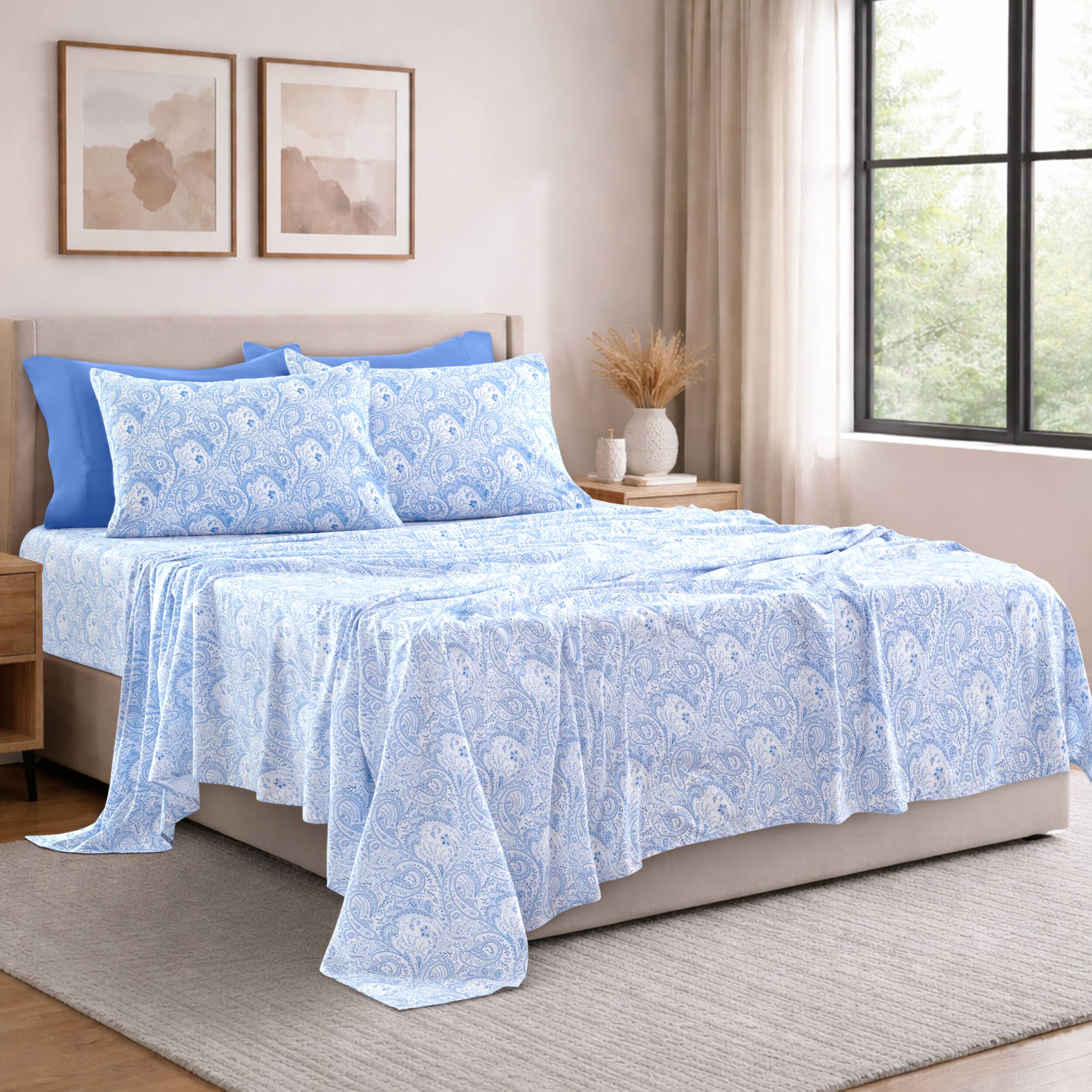 Angle. Lux Decor Collection - Lux Decor Collection 6-Piece Queen Sheet Set, Paisley Design Brushed Microfiber Deep Pocket Sheets - White Blue.