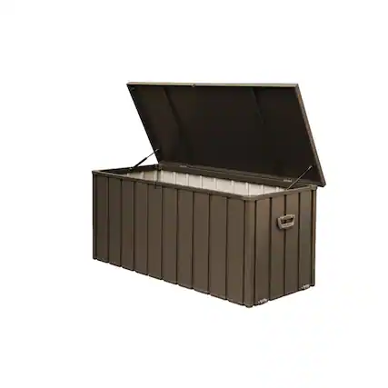 Front. HTUTWOO - 160 Gallon Outdoor Storage Deck Box - Waterproof Large Patio Storage Bin for Cushions Throw Pillows Tools, Lockable - Dark Brown.