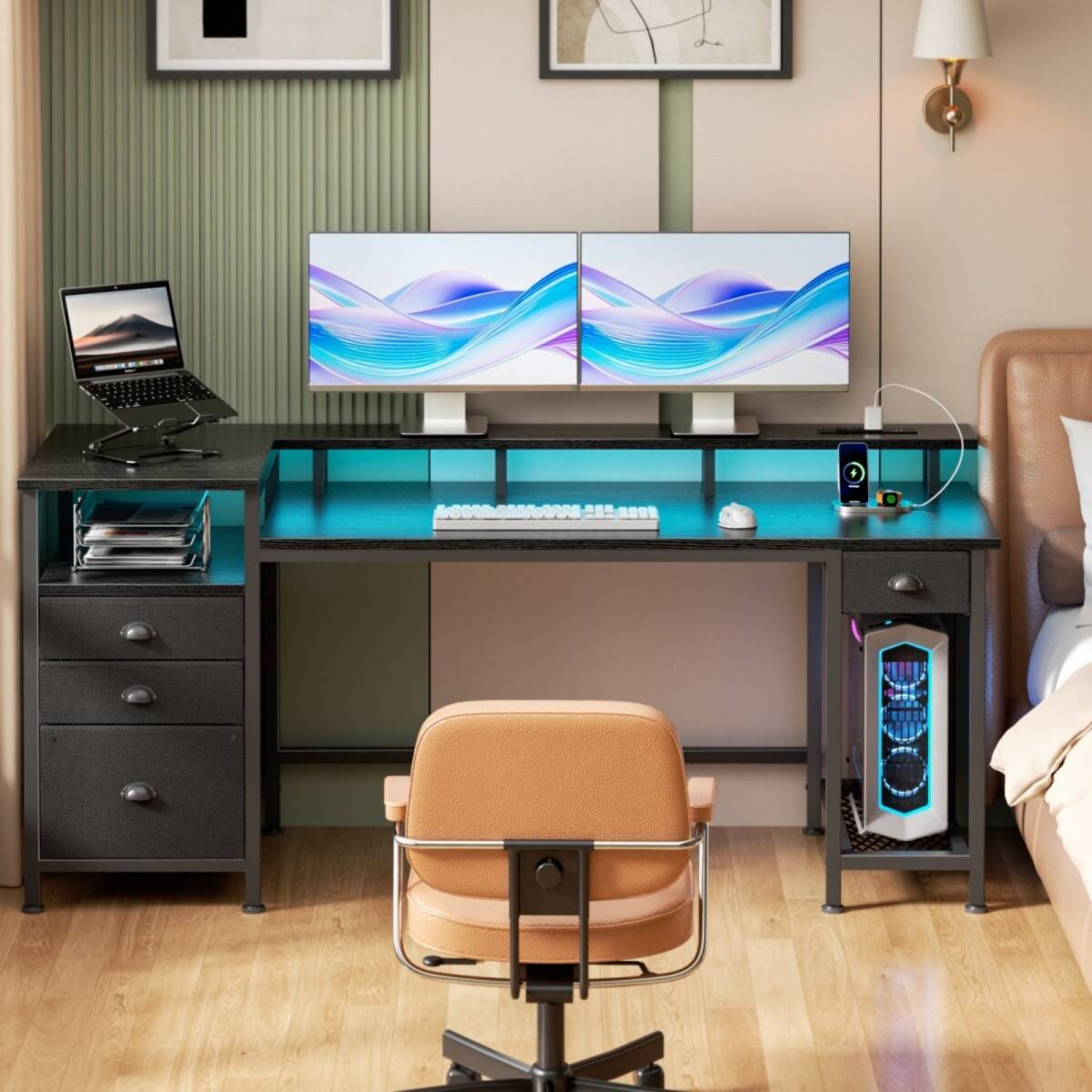 Alt View 7. Furnulem - L Shaped Gaming Desk with LED Lights Power Outlet Fabric Drawers Reversible Corner Computer Desk for Home Office - Black.