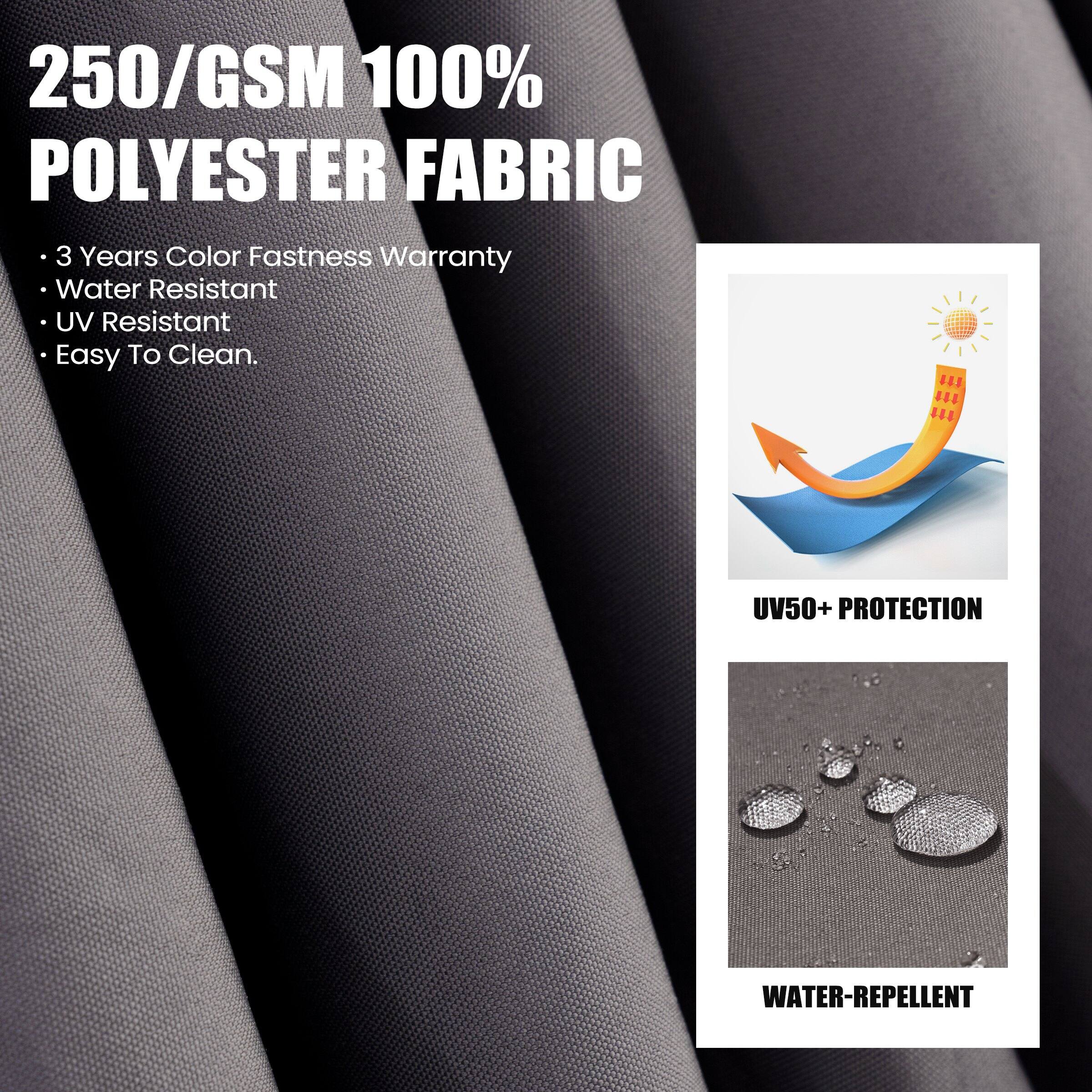250/GSM 100% POLYESTER FABRIC

- 3 Years Color Fastness Warranty
- Water Resistant
- UV Resistant
- Easy To Clean.

UV50+ PROTECTION

WATER-REPELLENT