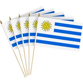 G128 - 24-Pack Handheld Uruguay Flag Sticks, 8 x 12 in — 150D Polyester with Wooden Stick and Gold Spear Tip - Assorted Colors