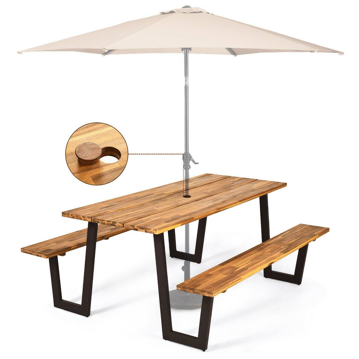 Alt View 4. Gymax - Gymax Patented Picnic Table Bench Set Outdoor Camping Wooden 2 Built-in Benches w/Umbrella Hole - Brown + Black.