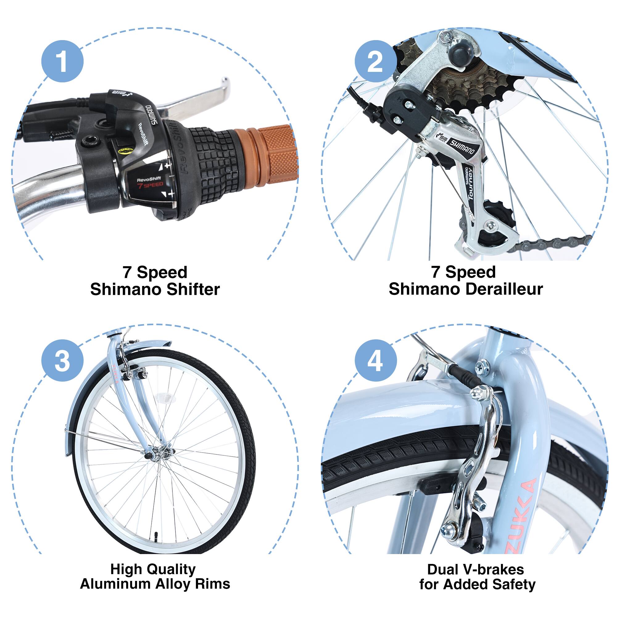 1. 7 Speed Shimano Shifter  
2. 7 Speed Shimano Derailleur  
3. High Quality Aluminum Alloy Rims  
4. Dual V-brakes for Added Safety