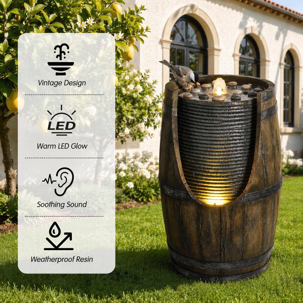 Vintage Design  
LED Warm LED Glow  
Soothing Sound  
Weatherproof Resin