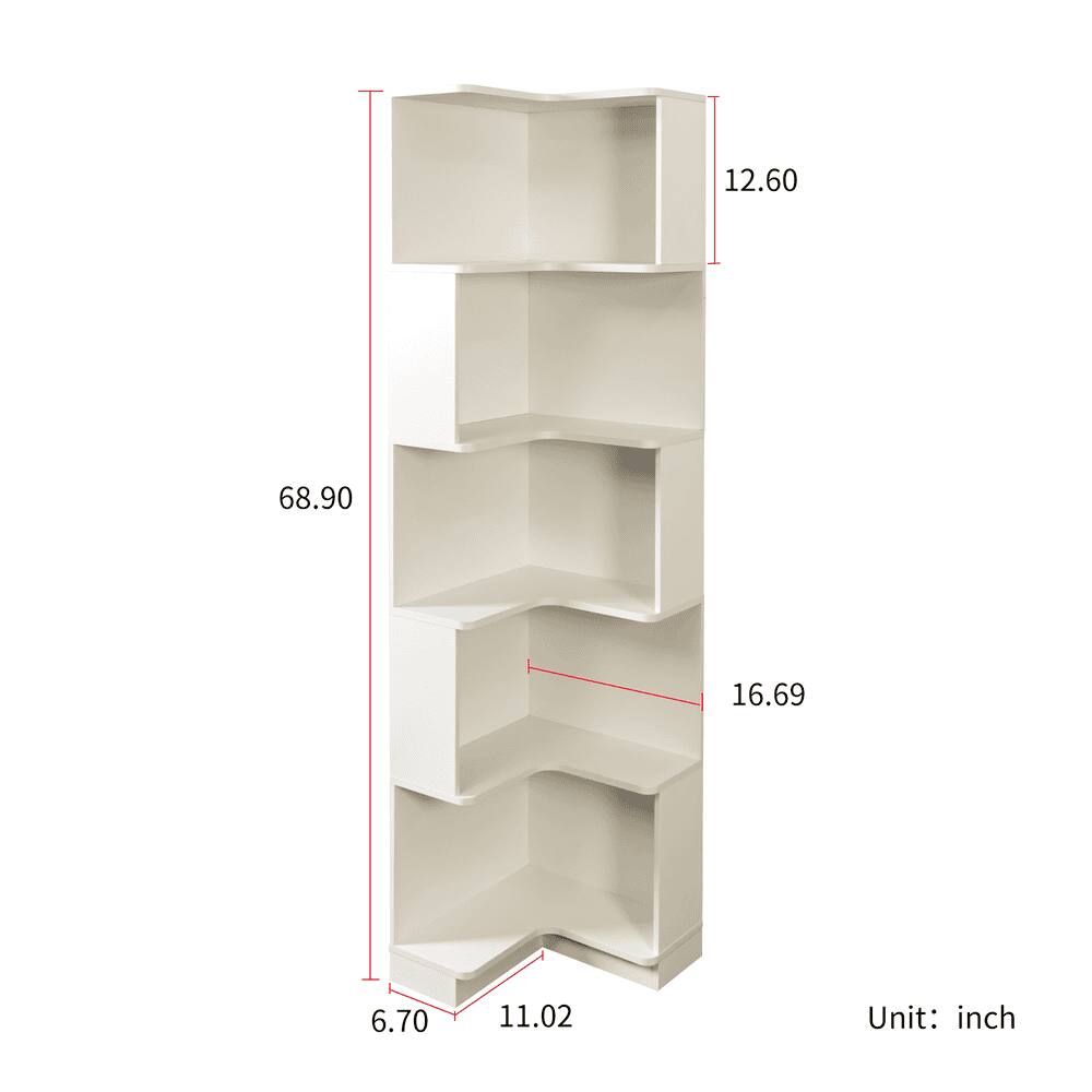 Alt View 6. Kadyn - Corner Book Shelf - 5 Tier Corner Bookcase with Baffle, Freestanding L Shaped Display Shelf Stand for Office, White - White.