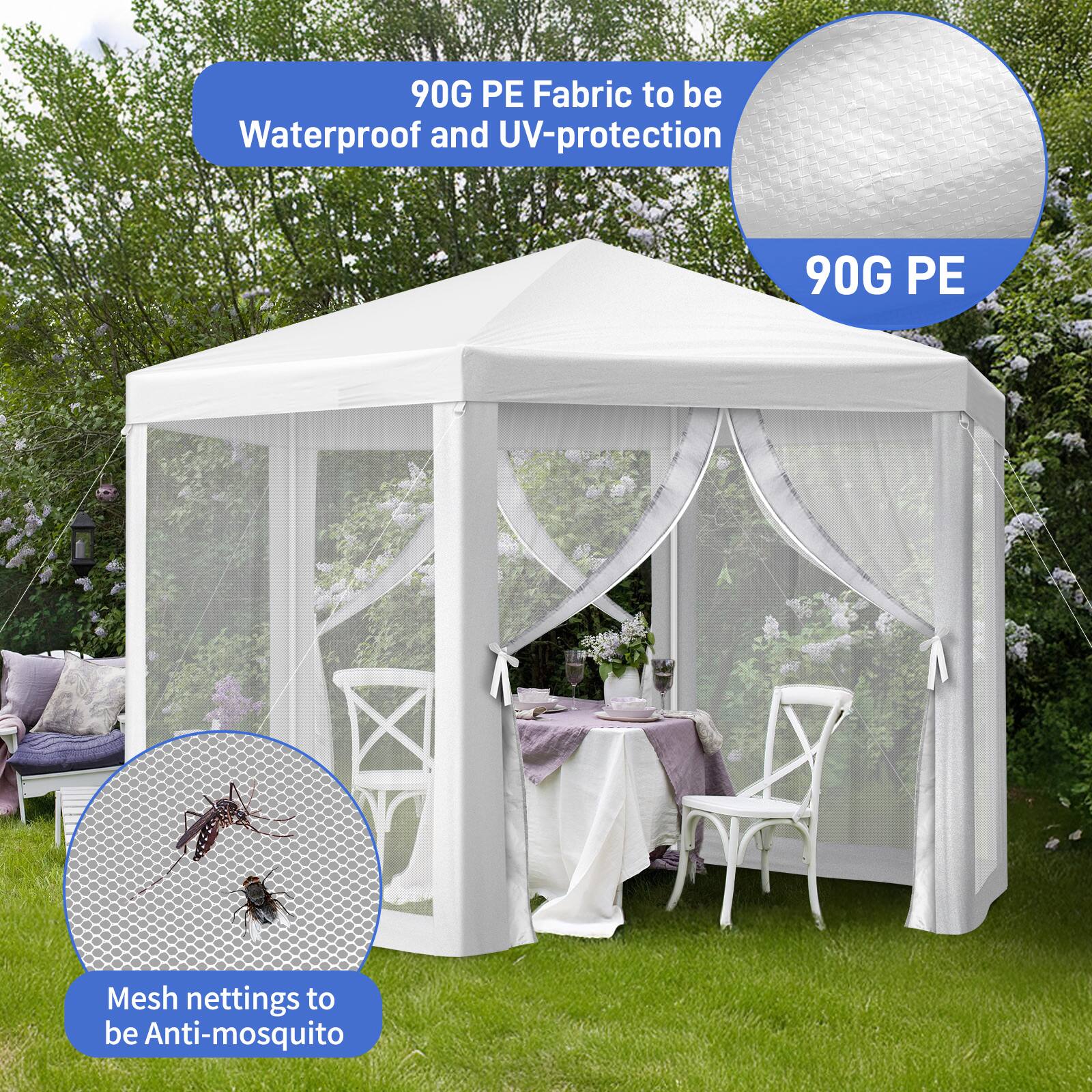 90G PE Fabric to be Waterproof and UV-protection  
90G PE Mesh nettings to be Anti-mosquito