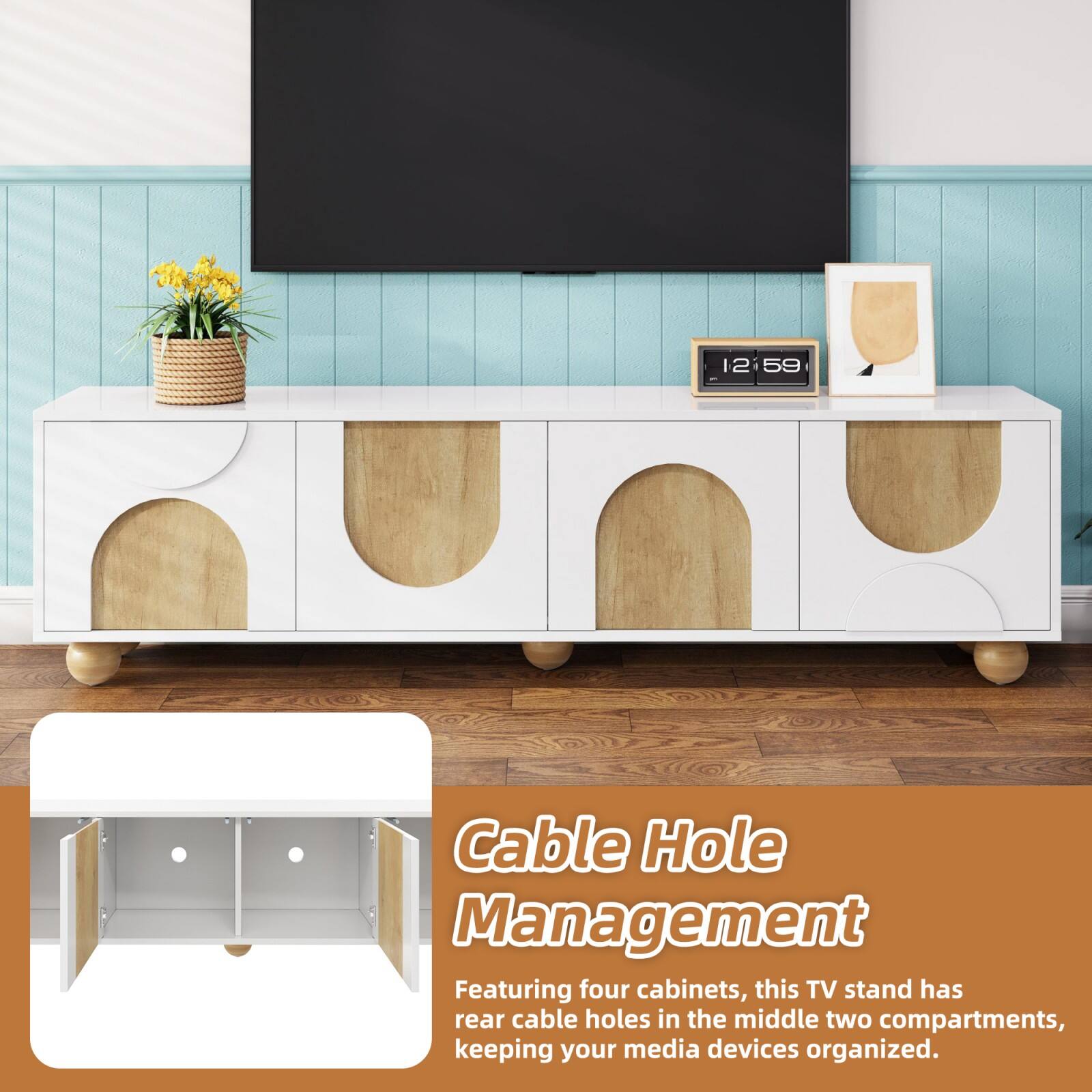 Cable Hole Management

Featuring four cabinets, this TV stand has rear cable holes in the middle two compartments, keeping your media devices organized.
