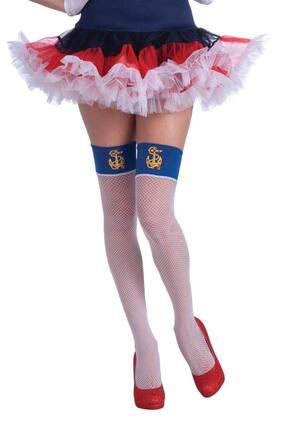 Front. Forum Novelties - Lady In The Navy Nautical Fishnet Costume Thigh Highs One Size - White.