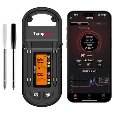 15:18 Cooking 5G 41 ... Black White Time remaining: TempPro Internal 80.6 Target 140 8 Sirloin BOOSTER Meat R W B W 160 120 225 Ambient 250 Low 81 High Cooking graph Time 42M:505 Internal BO8 Ambient 8 80 40 S Home Settings Shop