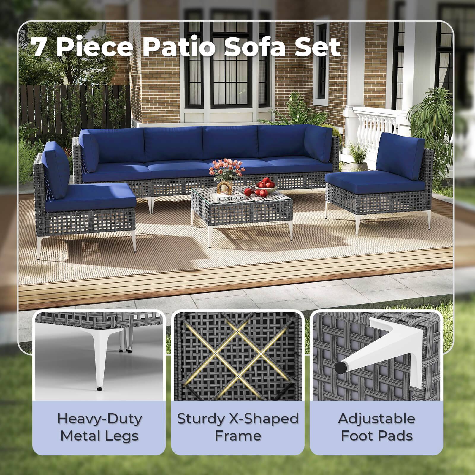 7 Piece Patio Sofa Set, Heavy-Duty Metal Legs, Sturdy X-Shaped Frame, Adjustable Foot Pads