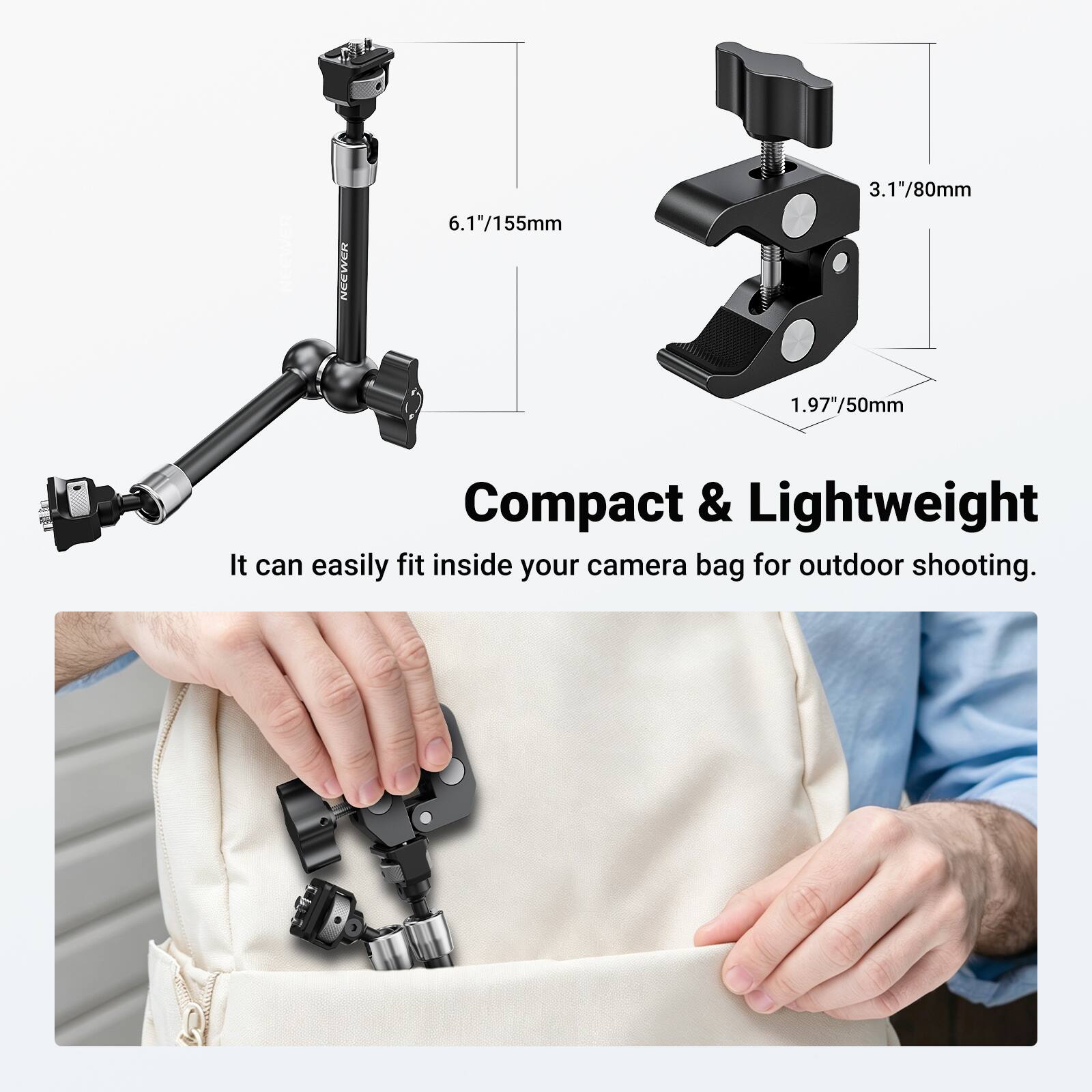 NEEWER 6.1"/155mm 3.1"/80mm 1.97"/50mm Compact & Lightweight It can easily fit inside your camera bag for outdoor shooting.