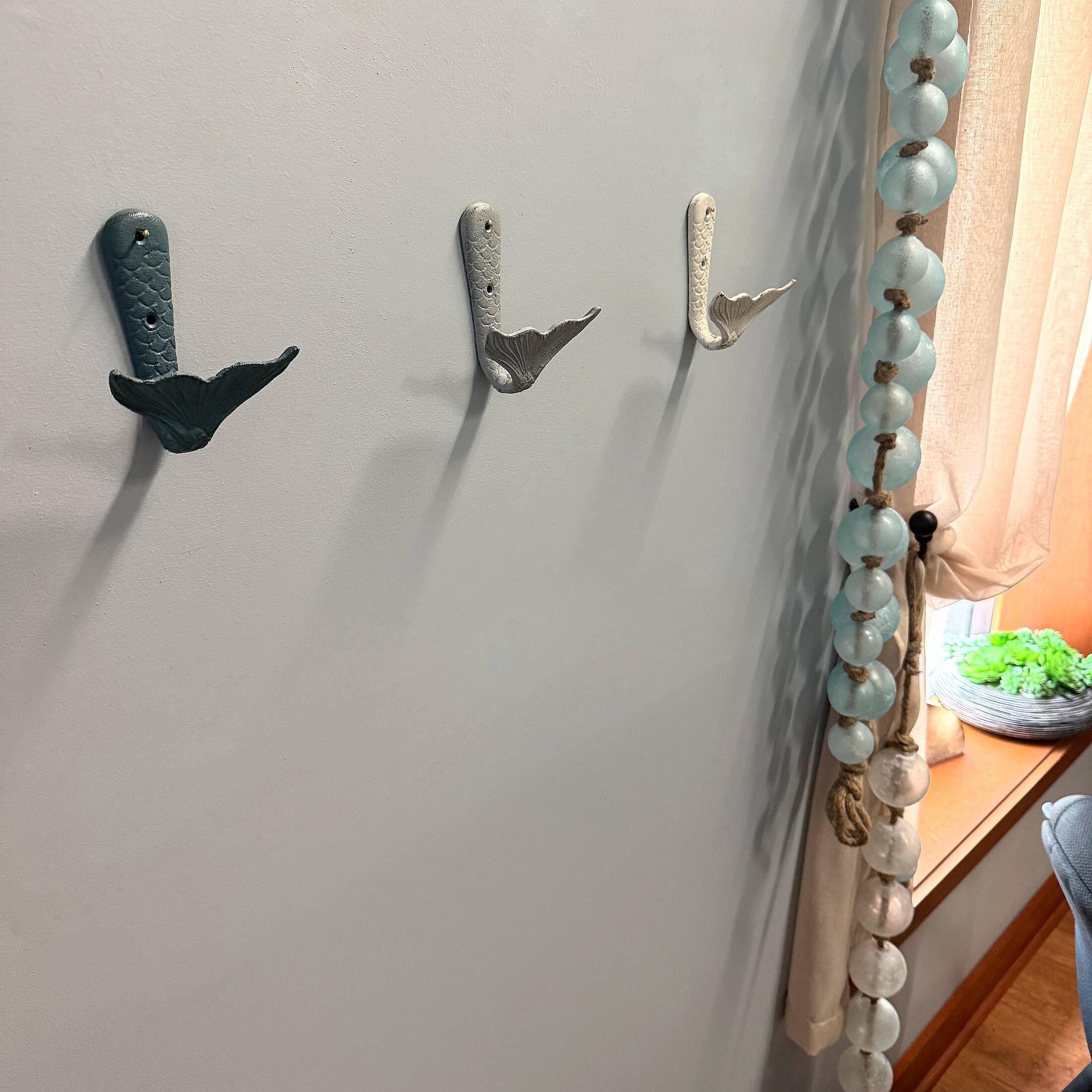 Alt View 6. Zeckos - Set of 3 Cast Iron Mermaid Tail Wall Hooks Distressed Blue Gray White 5 Inch - Multicolored.