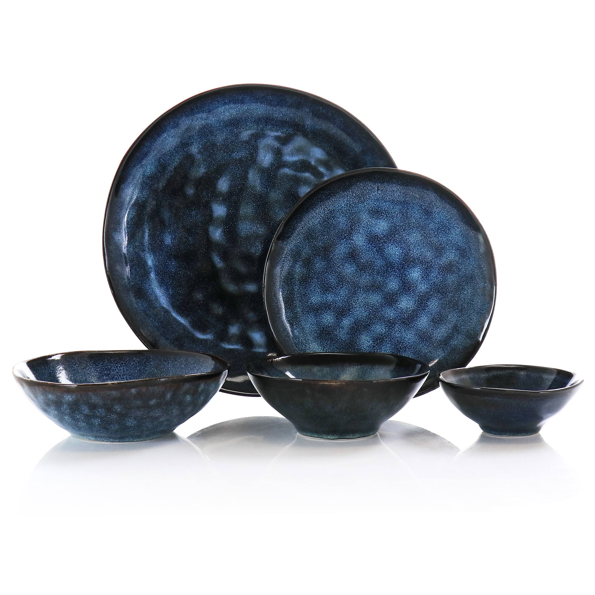Alt View 2. Elama - Elama Lucca 20 Piece Round Stoneware Triple Bowl Dinnerware Set in Reactive Glaze Blue - Blue.