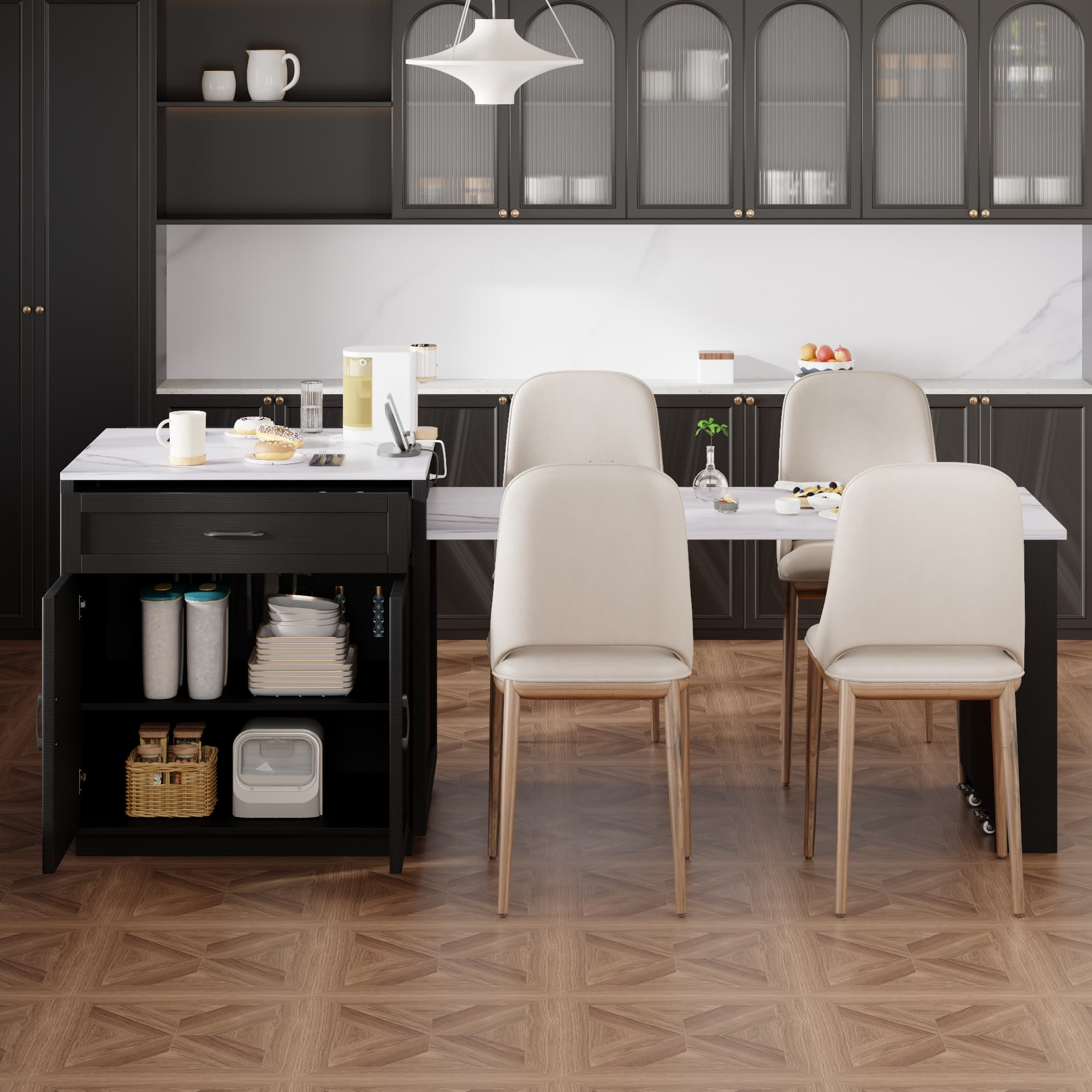 PexFix - 82.7" Kitchen Island with Extendable Table for 4-6 - Rolling Cart with Power Outlet, 2 Drawers & 2 Side Shelves - Black