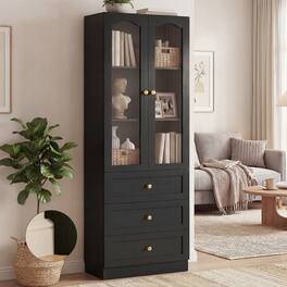 Aheaplus - 80'' Tall Bookcase with 3 Drawers, Glass Doors, and 3-Tier Shelves - Black
