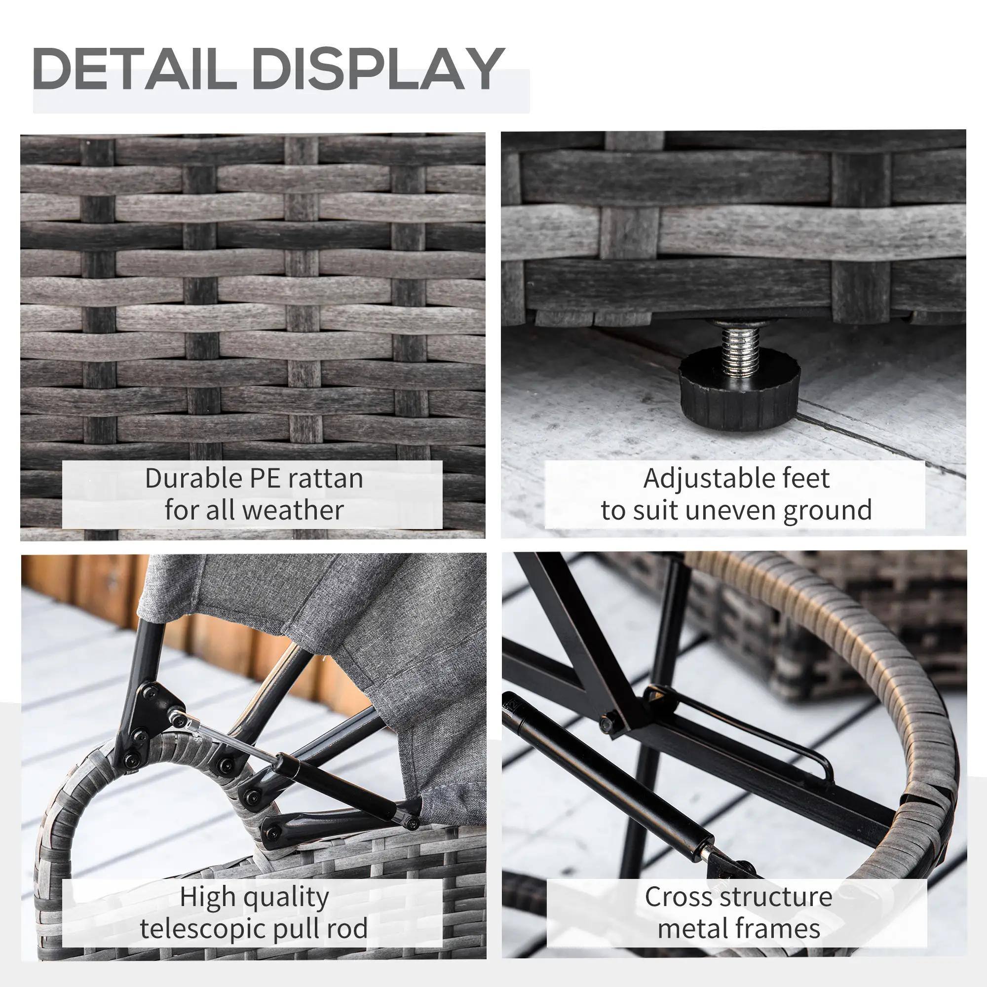 Durable PE rattan for all weather, Adjustable feet to suit uneven ground, High quality telescopic pull rod, Cross structure metal frames