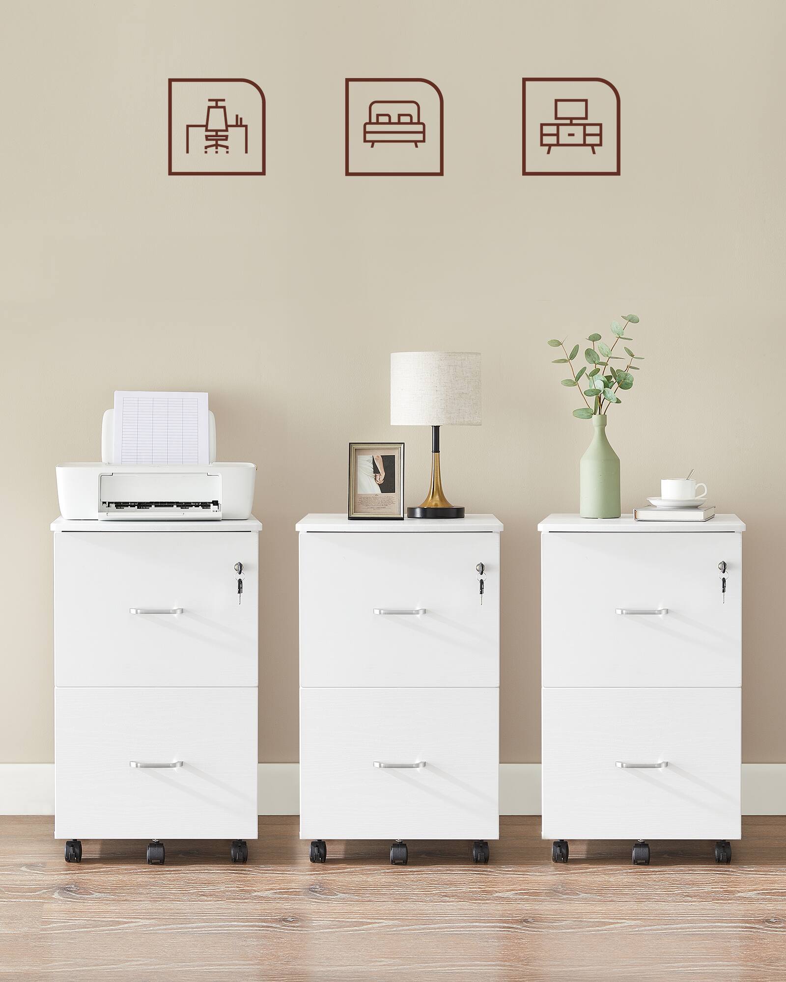 Alt View 4. Songmics Home - 2-Drawer File Cabinet, Locking, Small Rolling File Cabinet, Printer Stand, A4, Letter-Size Hanging File Folders - White.