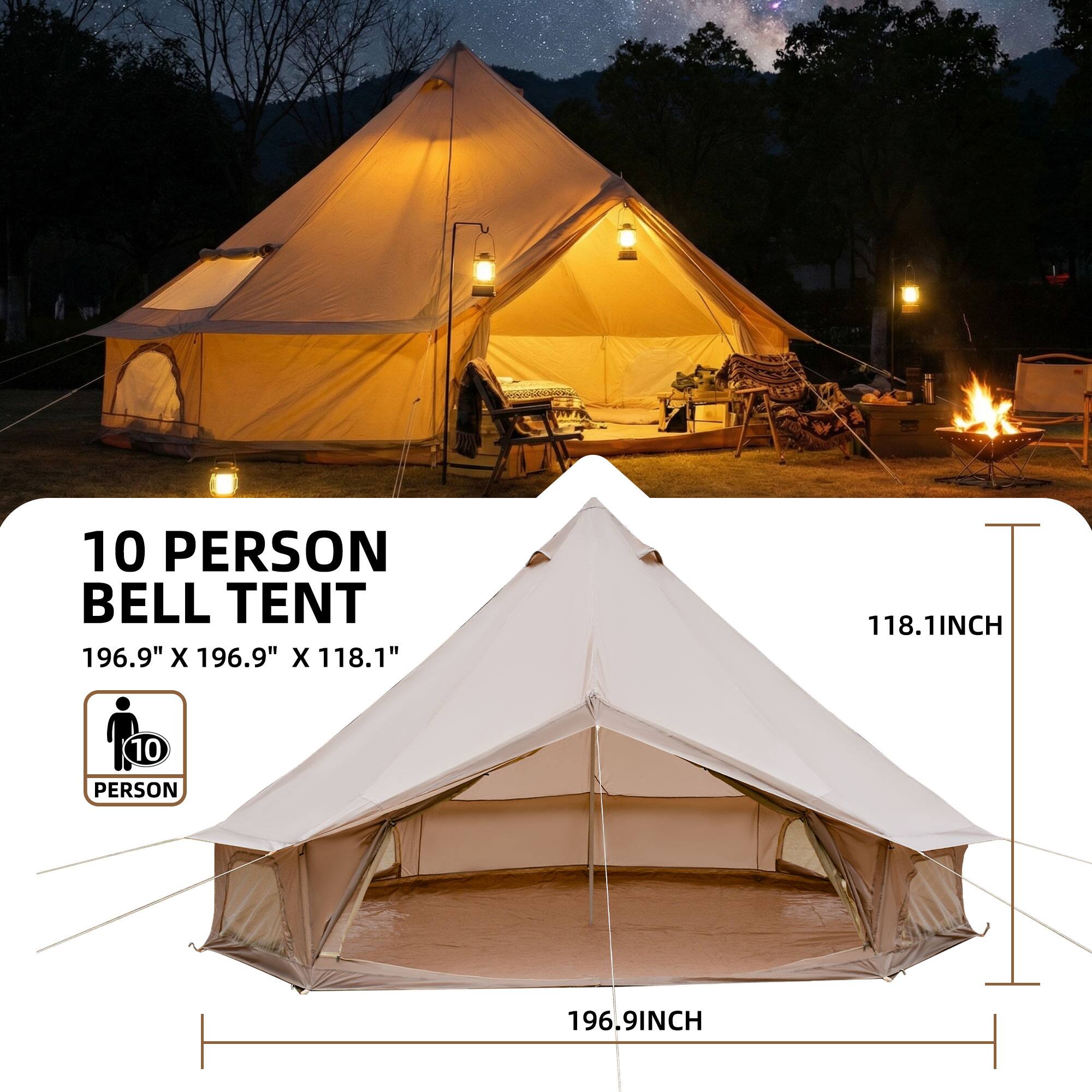 10 PERSON BELL TENT  
196.9" X 196.9" X 118.1"  
118.1INCH  
10 PERSON  
196.9INCH