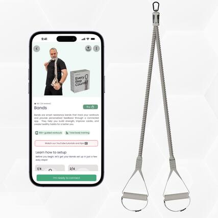 9:41 - Every Rep Counts 4.4 (34 reviews)
Bands Buy Bonds are smart resistance bands that track your workouts and provide personalized feedback through a connected app. They help you build strength, improve cardio, and create healthy habits for a better you.
100+ guided workouts, total body training. Watch our YouTube tutorials and tips.
Learn how to setup
Before you begin, let's get your bands set up in just a few easy steps!
1/4 2/4
I'm ready to connect