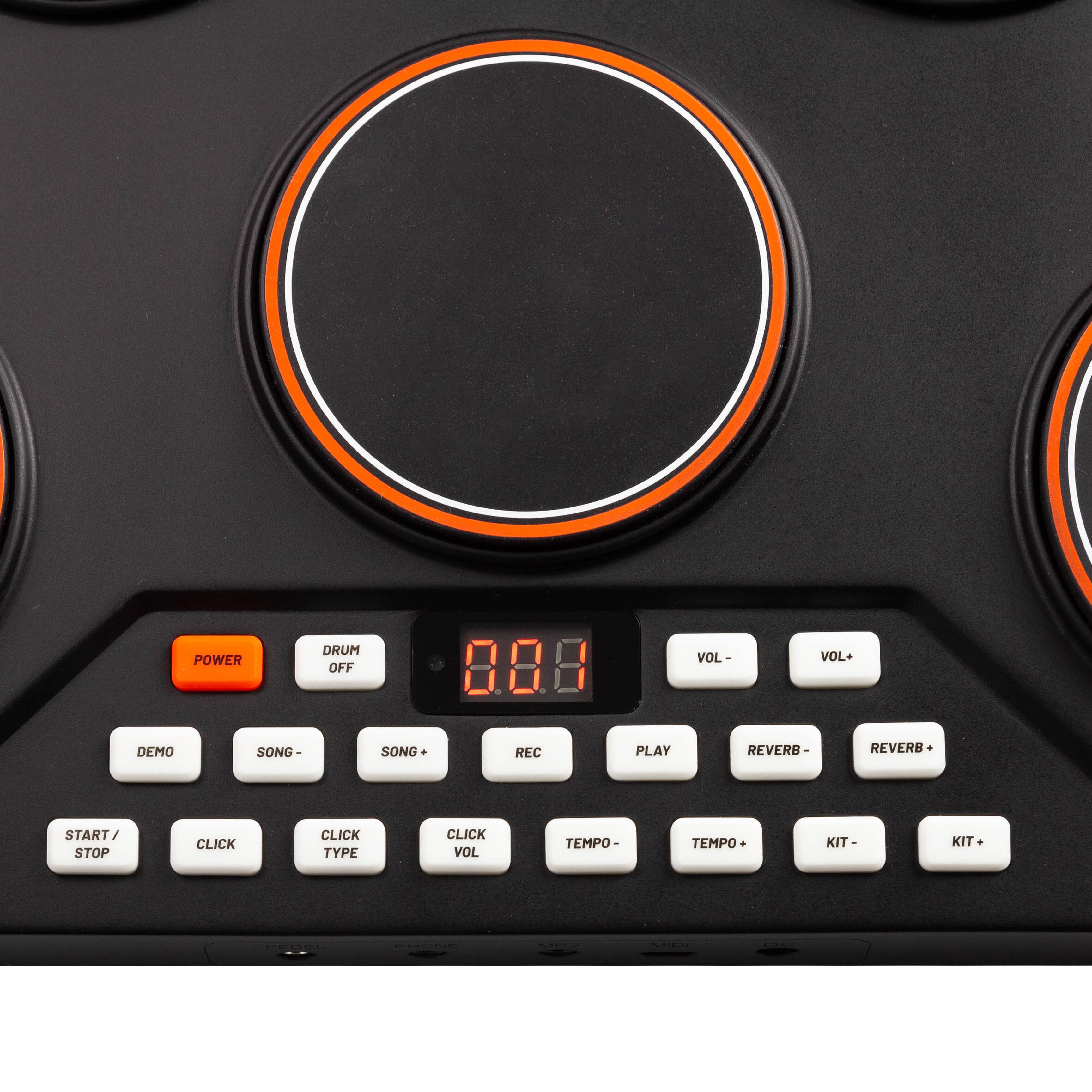 POWER DRUM OFF 8.08 VOL- VOL+ DEMO SONG- SONG+ REC PLAY REVERB- REVERB+ START / STOP CLICK CLICK TYPE CLICK VOL TEMPO- TEMPO+ KIT- KIT+