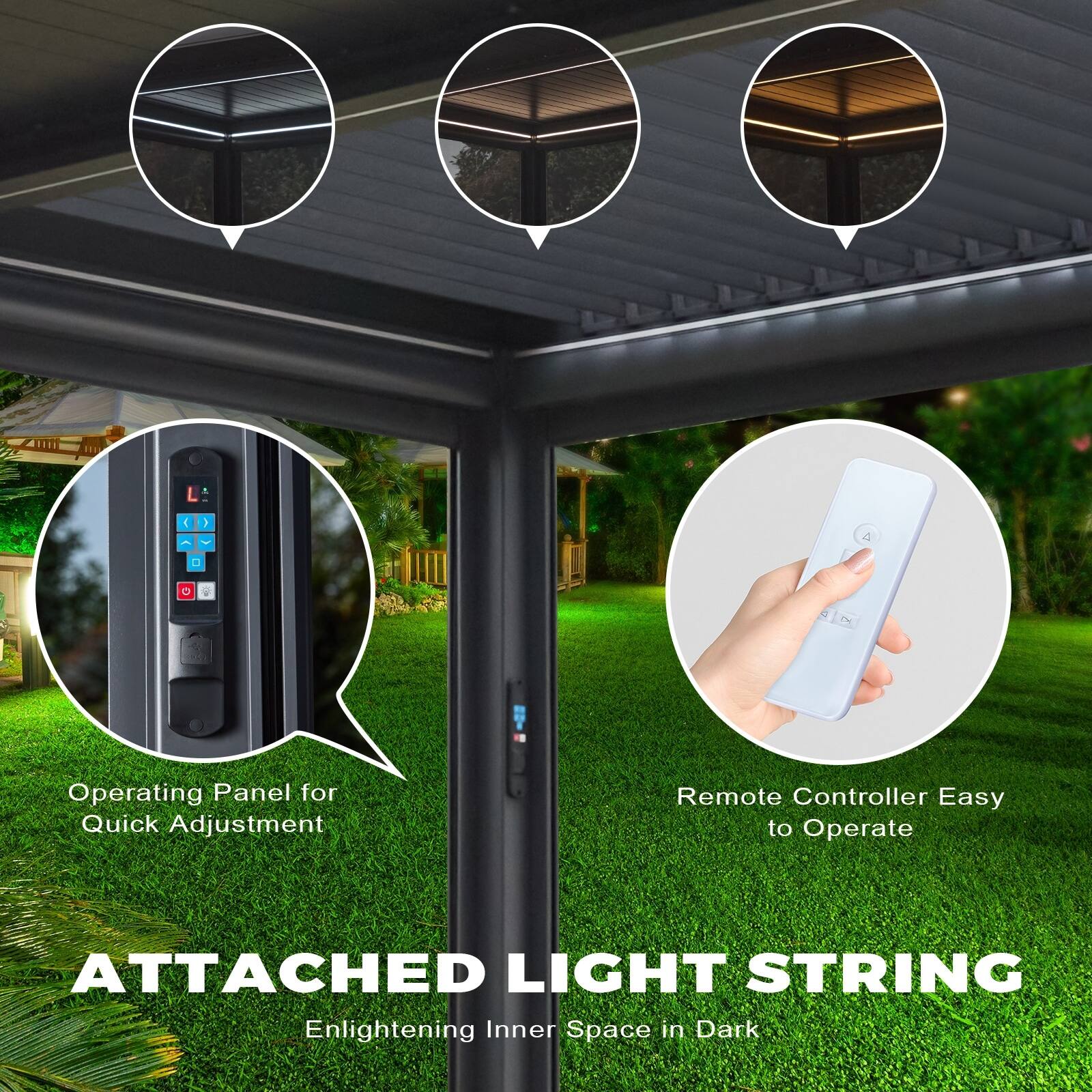 - Operating Panel for Quick Adjustment
- Remote Controller Easy to Operate
- ATTACHED LIGHT STRING
- Enlightening Inner Space in Dark