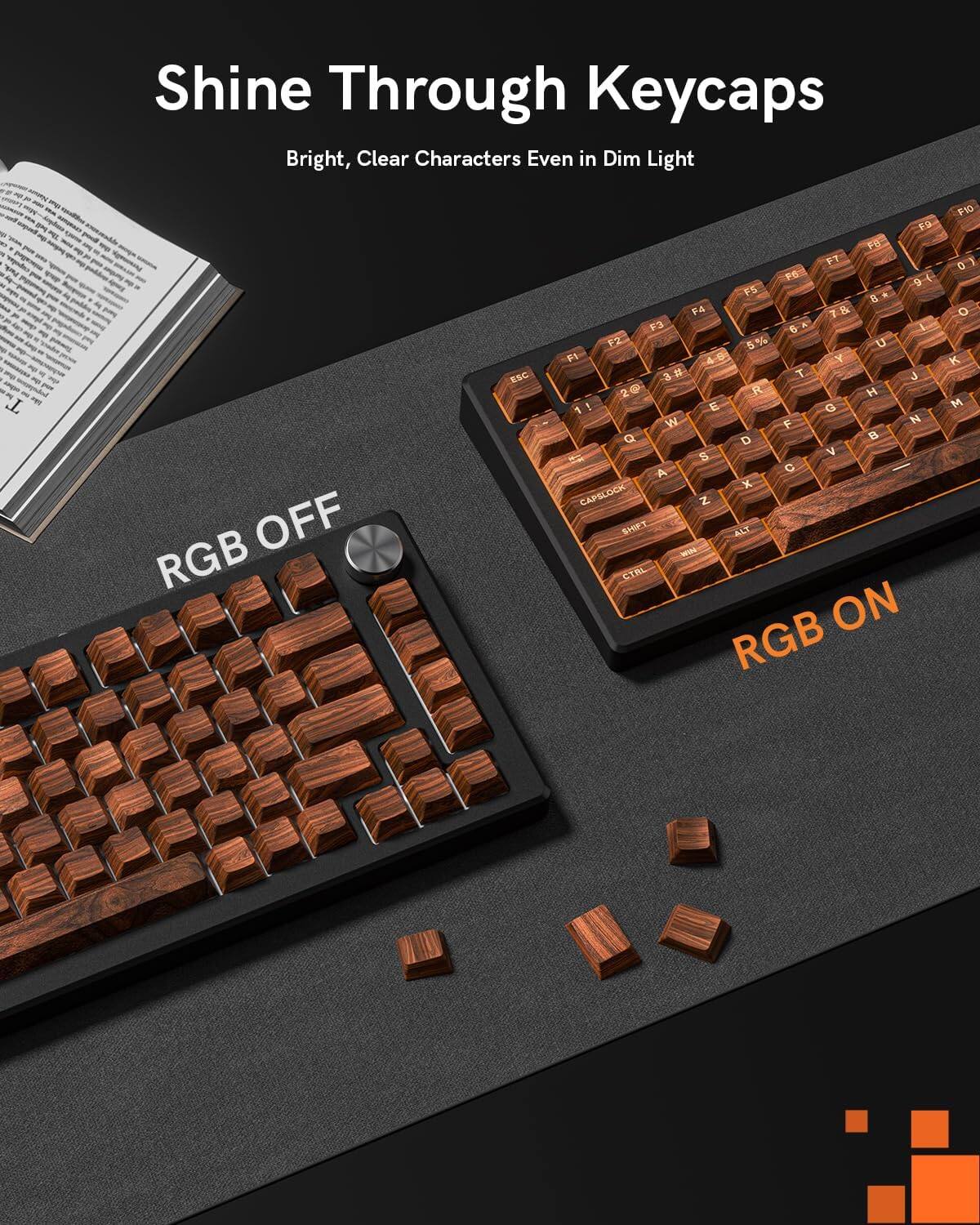 Shine Through Keycaps  
Bright, Clear Characters Even in Dim Light  

RGB OFF  
RGB ON