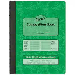 Pacon - Dual Ruled Composition Book, Green, 1/4 in grid and 3/8 in (wide) 9-3/4" x 7-1/2", 100 Sheets