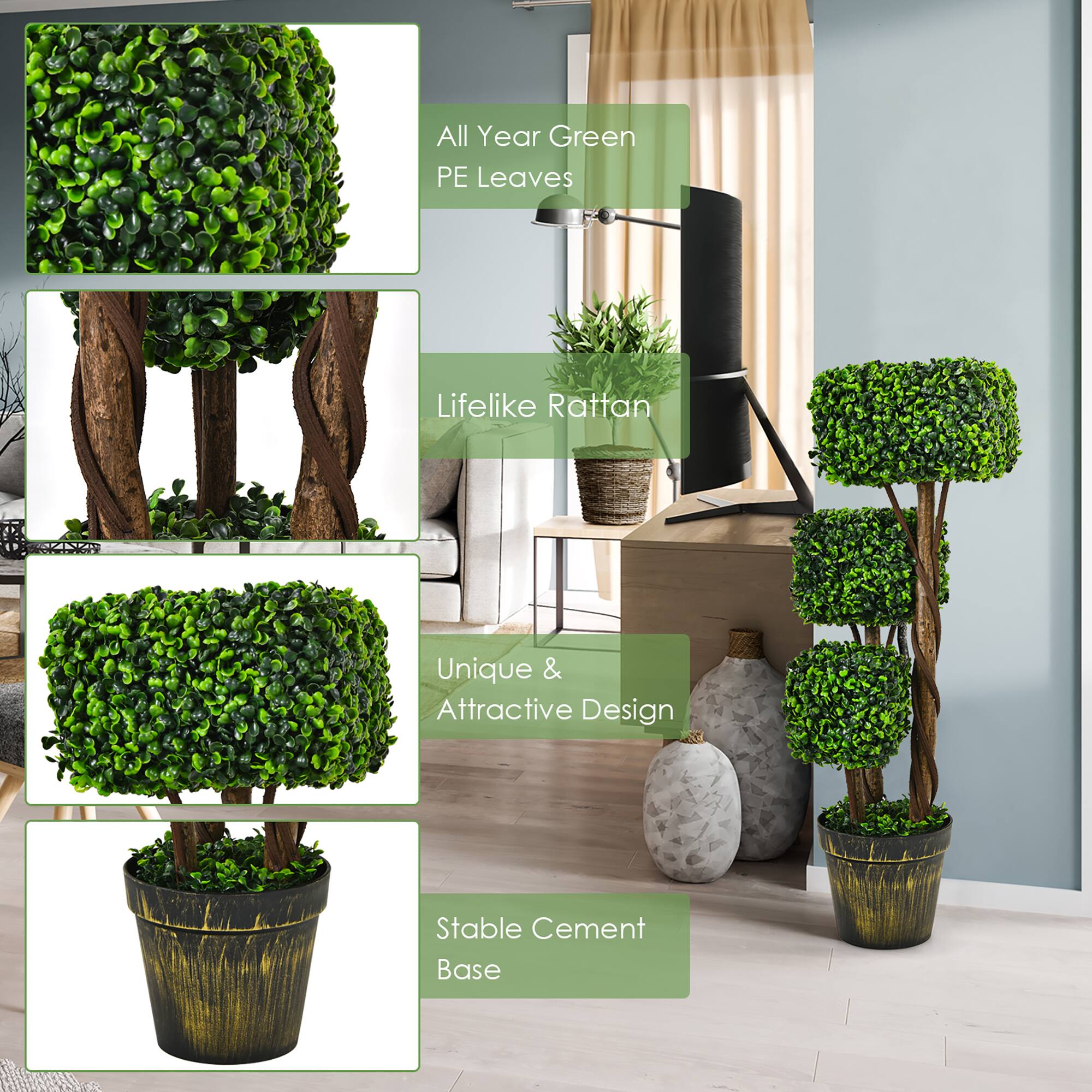 All Year Green PE Leaves, Lifelike Rattan, Unique & Attractive Design, Stable Cement Base
