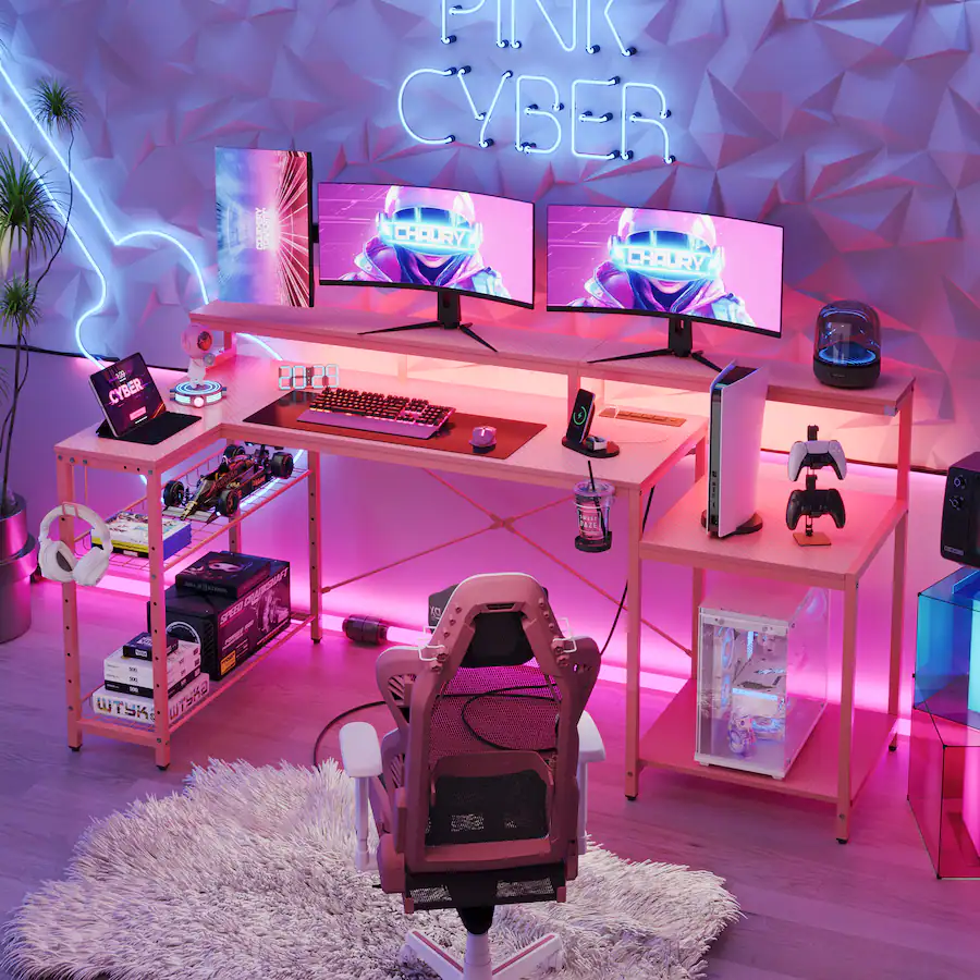 Pdcf Desk Bestier L Shaped Gaming Desk with Power Outlets, LED Lighting and ...