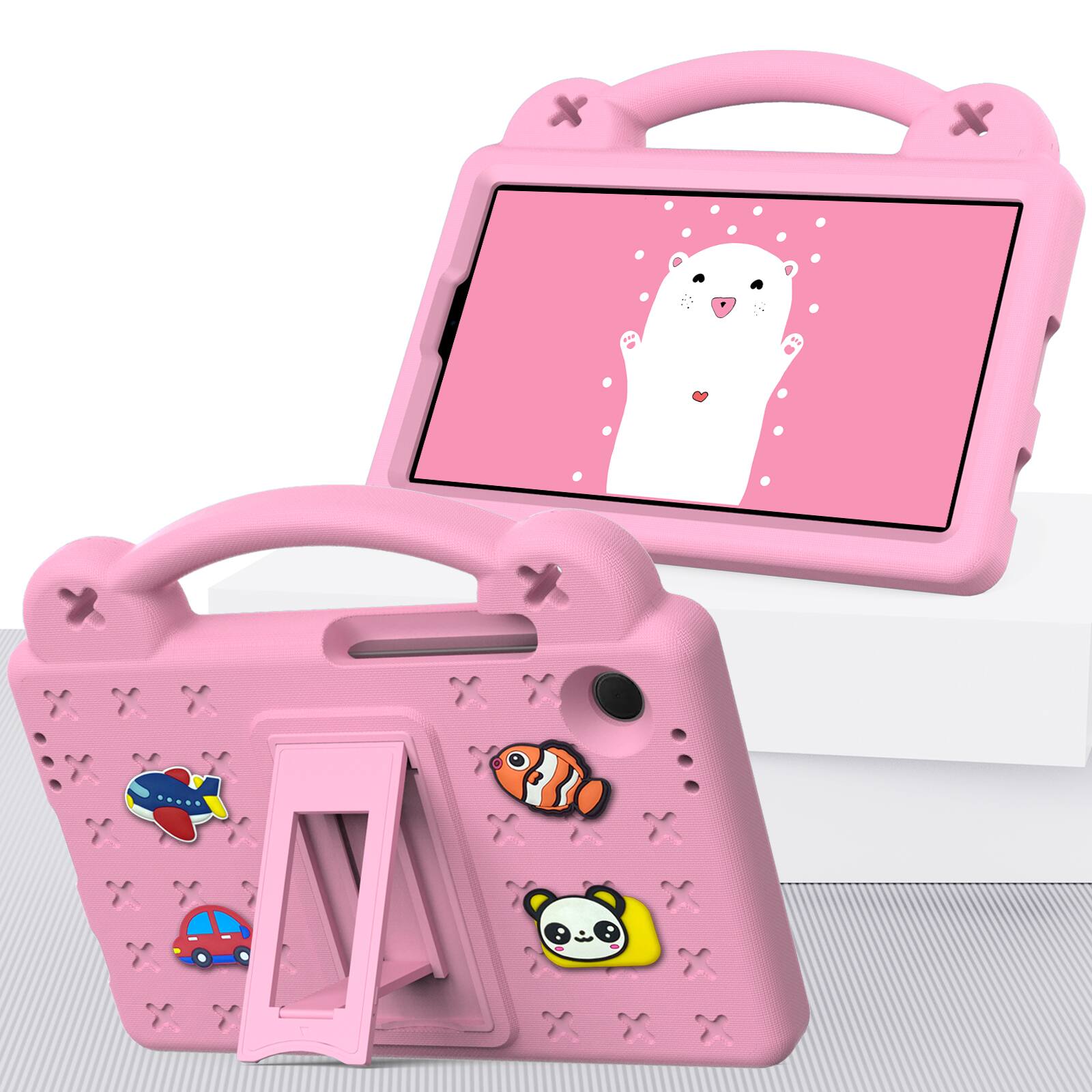 Left. Dteck - For Samsung Galaxy Tab A11 and Samsung Galaxy Tab A9 8.7-inch, Handle Grip Kickstand Shockproof Rugged Protective Case - Pink.