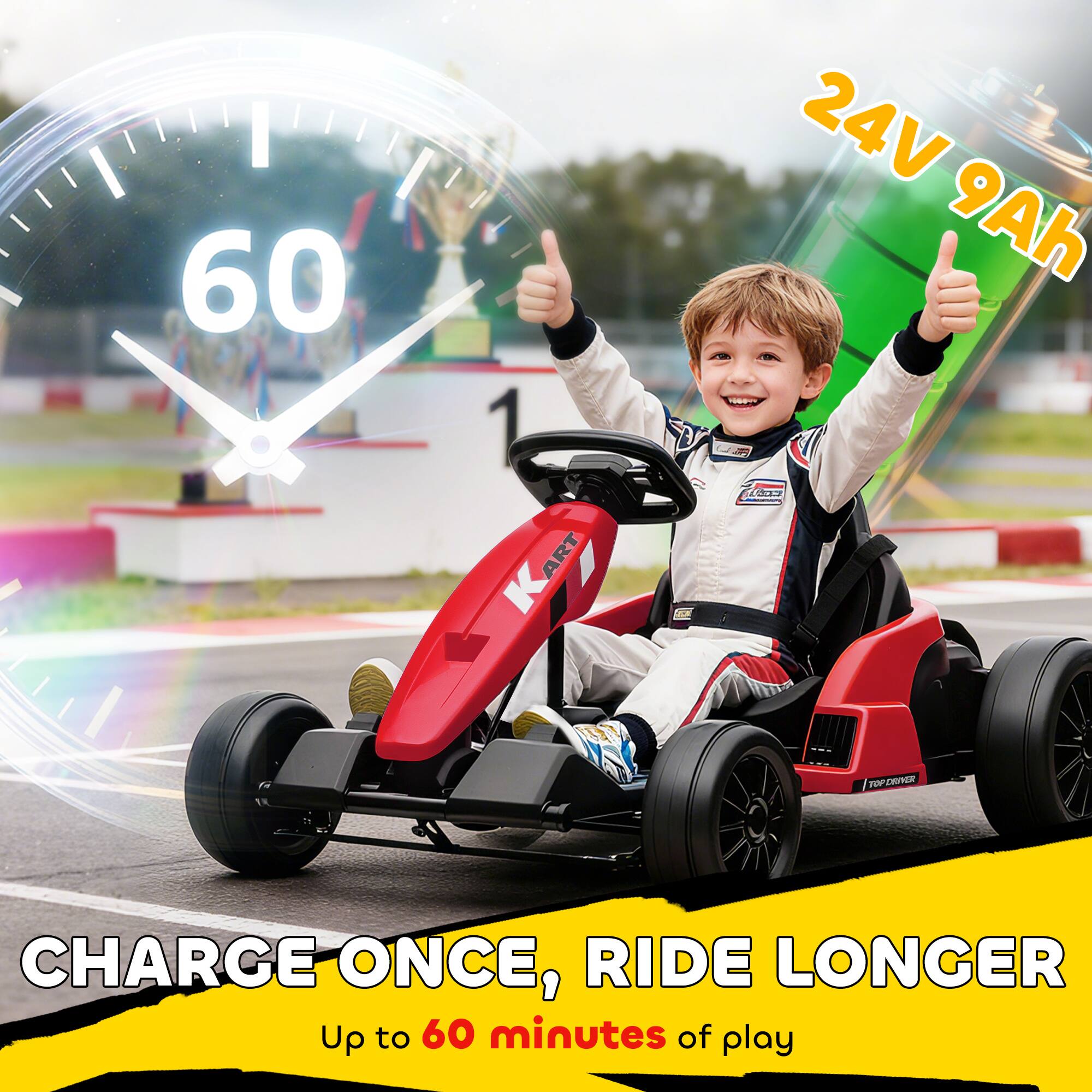 60 1 KART ART 24V 9Ah  
CHARGE ONCE, RIDE LONGER  
Up to 60 minutes of play