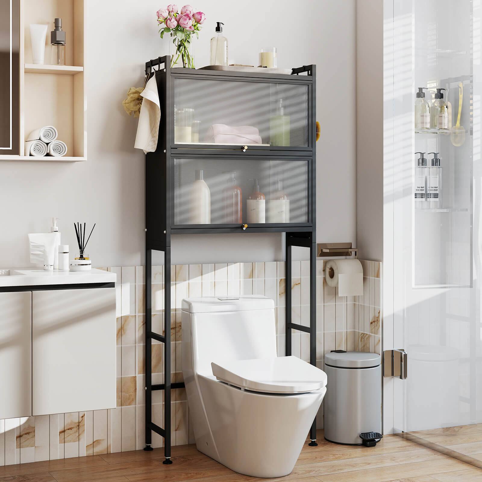 Alt View 1. Costway - Costway 66" Bathroom Organizer with 2 Flip-up Cabinets, See-through Fluted Doors, 4 Hooks - Black.