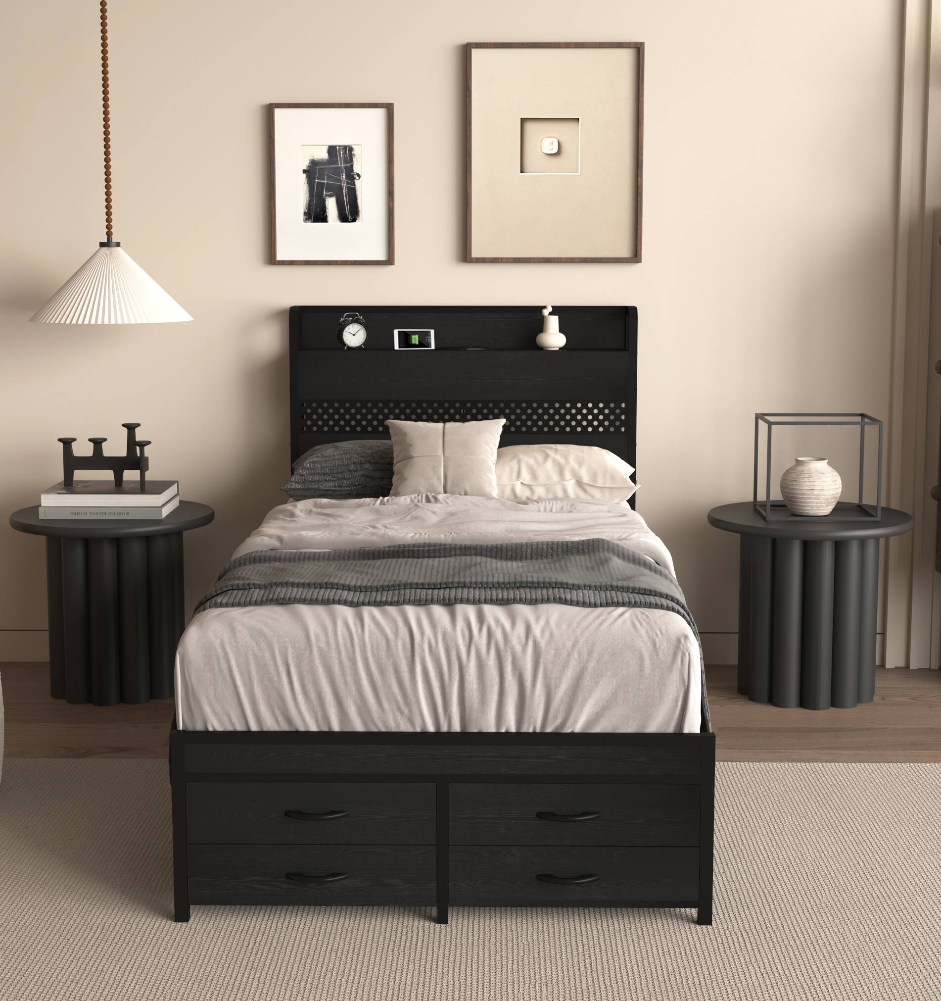 Angle. LUCKY ONE - Twin Size Bed Frames with Storage Drawers - Black.