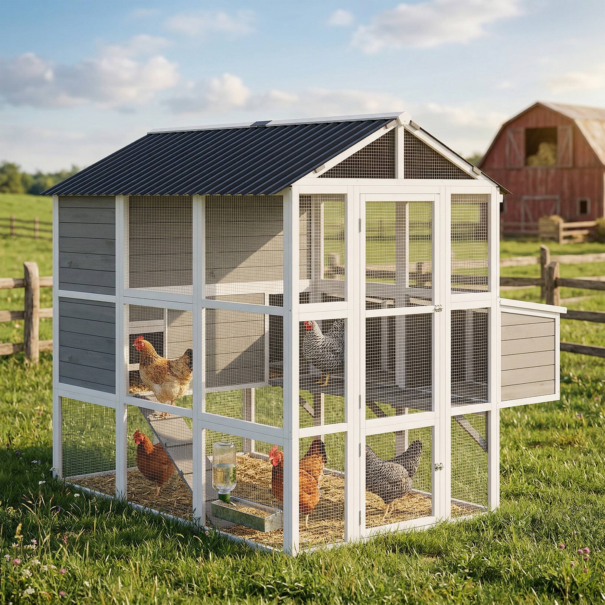 Alt View 1. Pawhut - Large Chicken Coop for 6-8 Chickens, Outdoor Wooden Hen House Poultry Cage with Run, Nesting Boxes - Gray.
