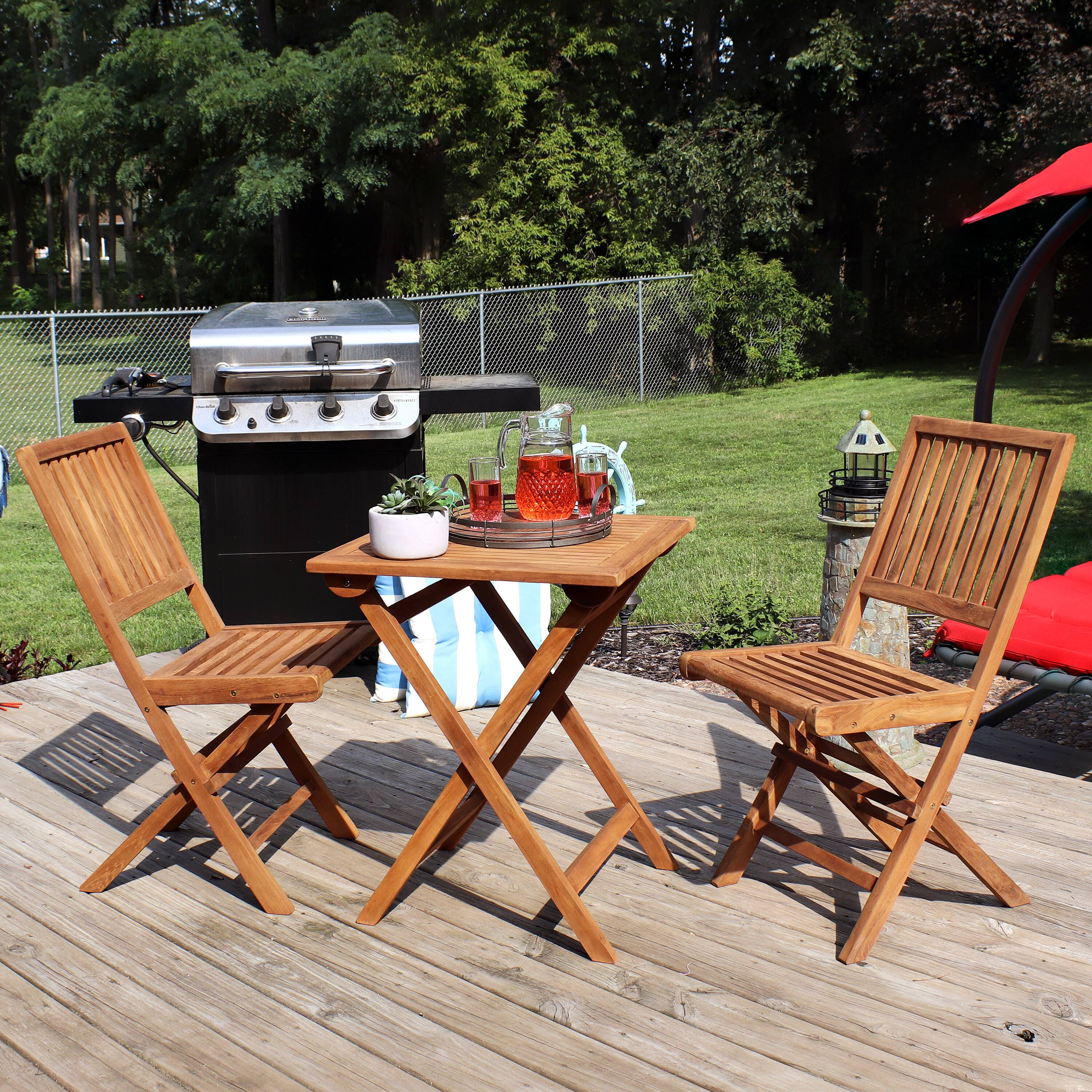 Alt View 4. Sunnydaze - Nantasket Solid Teak Wood 3-Piece Folding Bistro Set - Light Brown.