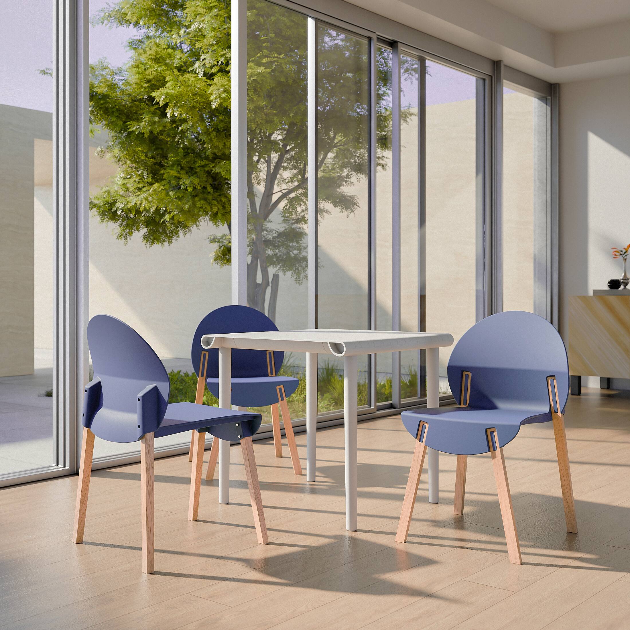 Angle. Mondawe - 4-Pack Crimson Chairs – Red Oak Wood Legs & PP Seat - Blue.