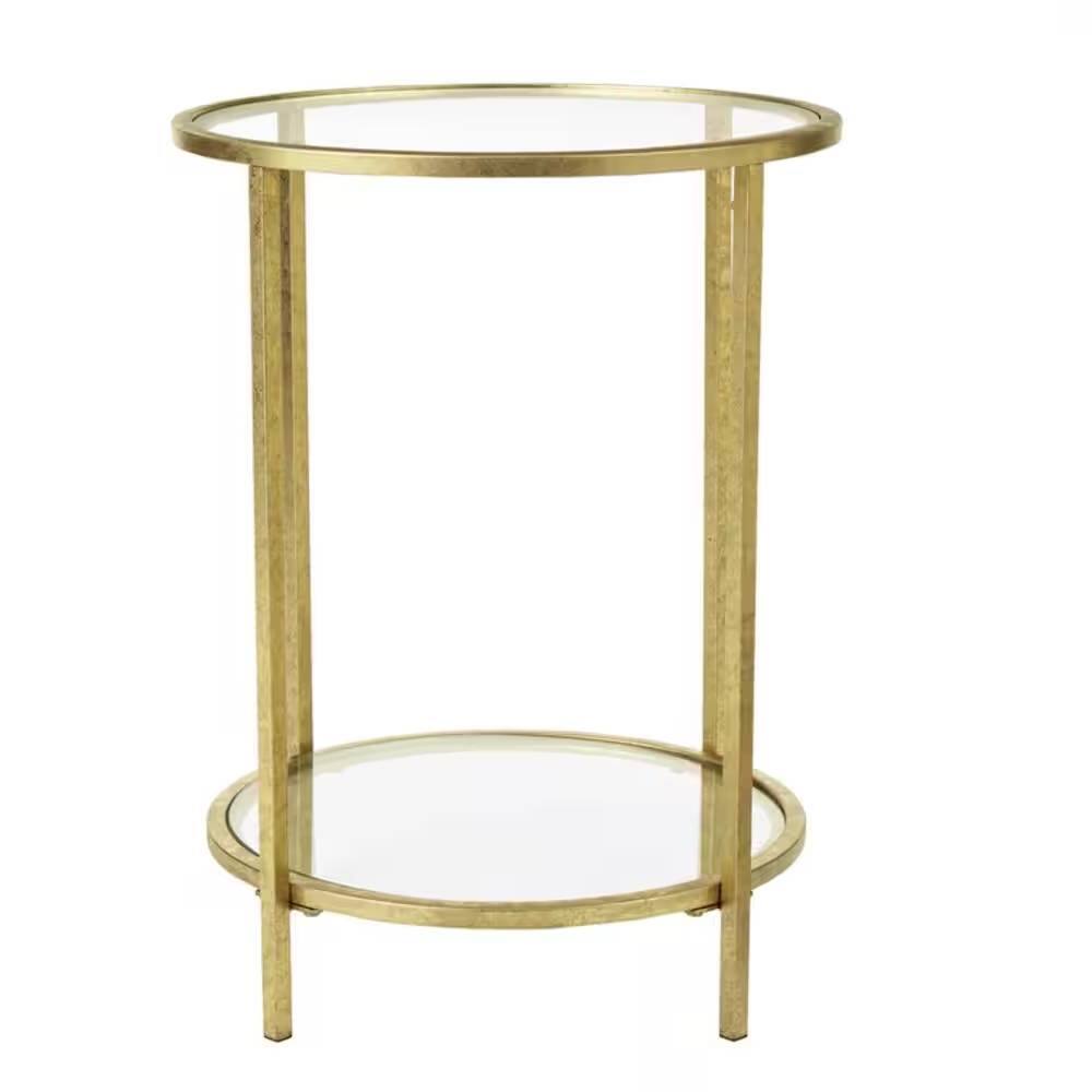Back. Hivvago - Round Accent Side Table Gold Metal Glass Top Bottom Shelf End Table - gold.