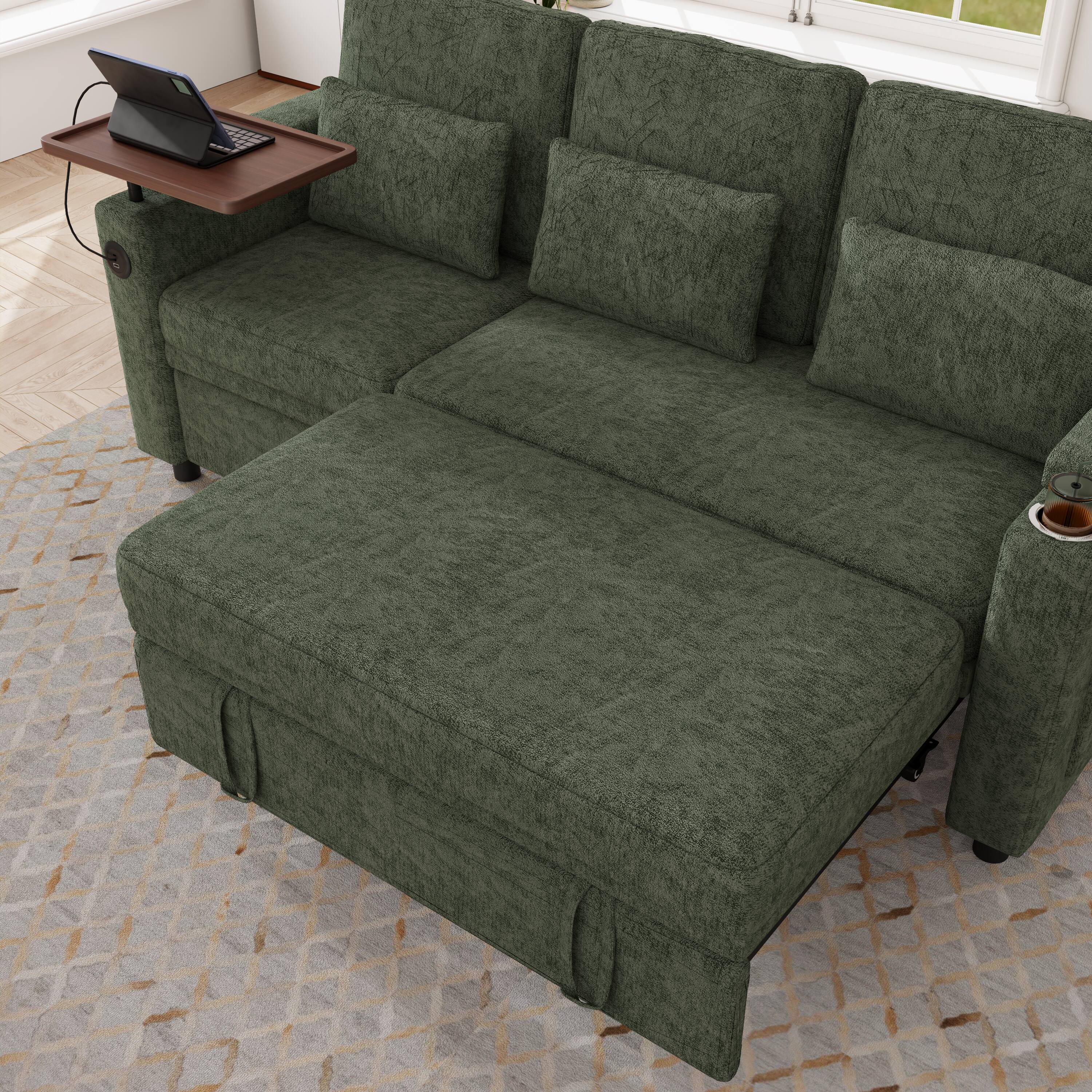 Left. Anysun - 81" 3-in-1 Foldable 3-Seater Sofa Bed, Table Board, USB Ports, Storage Armrests, Adjustable Backrest, Chenille - Green.