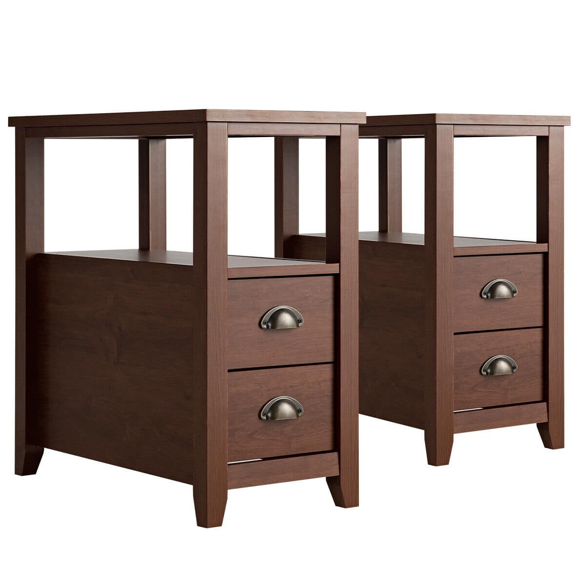 WELLFOR - Set of 2 Wooden Nightstands with 2 Drawers and Shelf - Brown