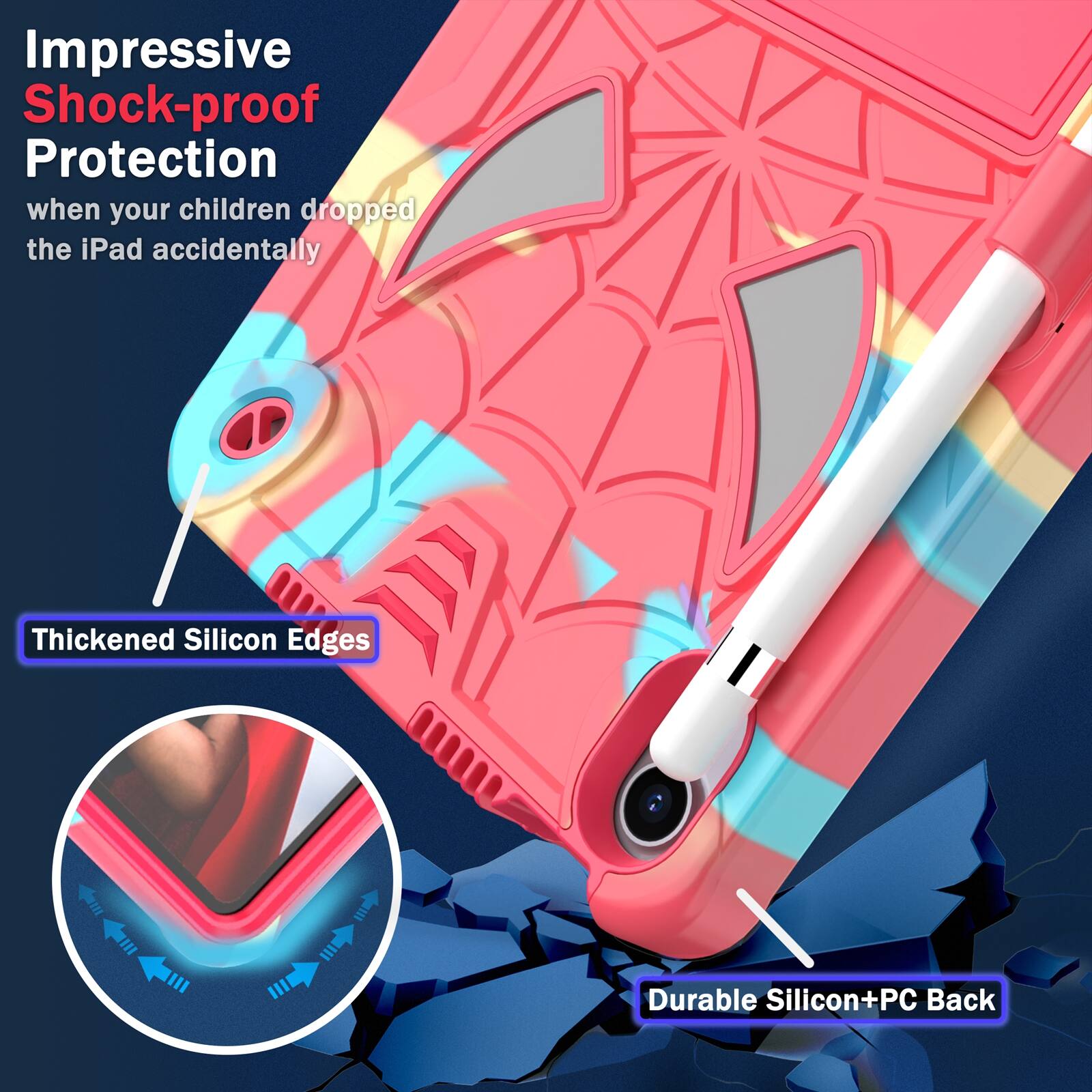 Impressive Shock-proof Protection when your children dropped the iPad accidentally

Thickened Silicon Edges

Durable Silicon+PC Back