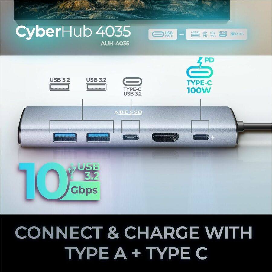 CyberHub 4035  
AUH-4035  

USB 3.2  
USB 3.2 TYPE-C  
USB 3.2 TYPE-C  
PD TYPE-C 100W  

10 USB 3.2 Gbps  

CONNECT & CHARGE WITH TYPE A + TYPE C