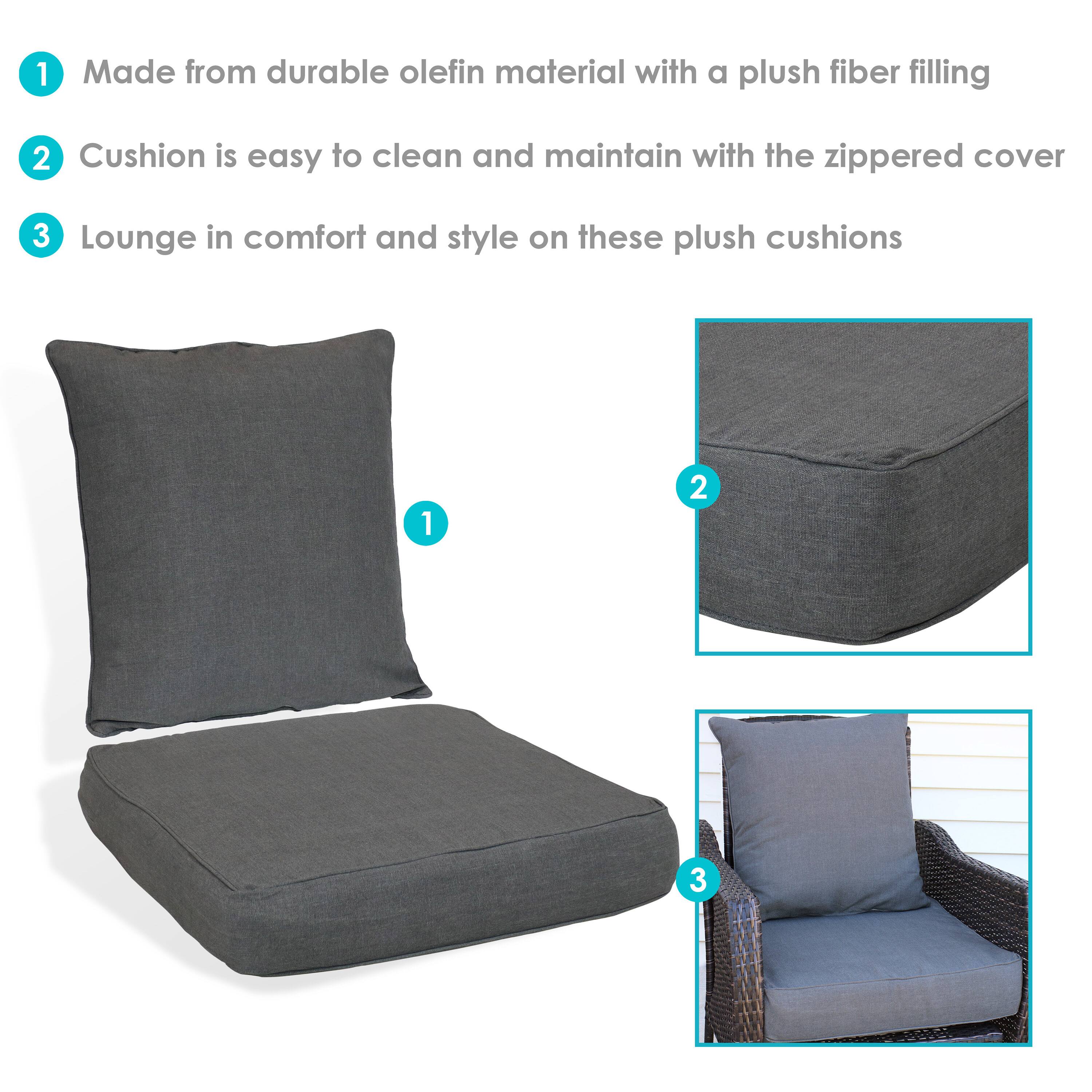 1. Made from durable olefin material with a plush fiber filling  
2. Cushion is easy to clean and maintain with the zippered cover  
3. Lounge in comfort and style on these plush cushions