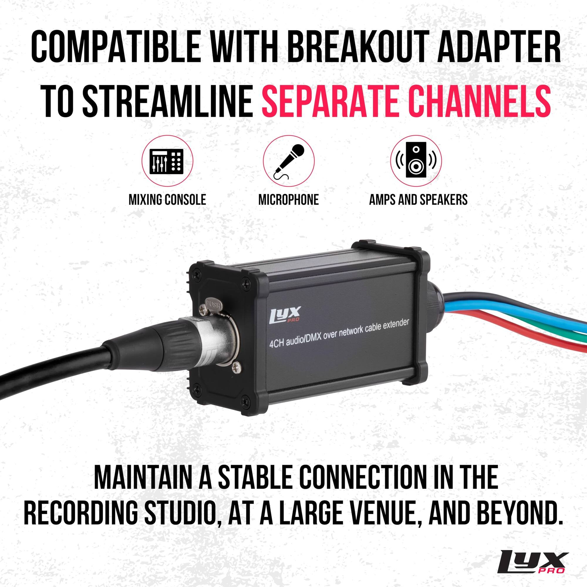 COMPATIBLE WITH BREAKOUT ADAPTER TO STREAMLINE SEPARATE CHANNELS

- MIXING CONSOLE
- MICROPHONE
- AMPS AND SPEAKERS

MAINTAIN A STABLE CONNECTION IN THE RECORDING STUDIO, AT A LARGE VENUE, AND BEYOND.