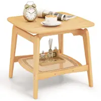 Costway 1 PCS Bamboo Sofa Side Table with Faux Rattan Storage Shelf Boho End Table Living Room - Natural - Front_Zoom